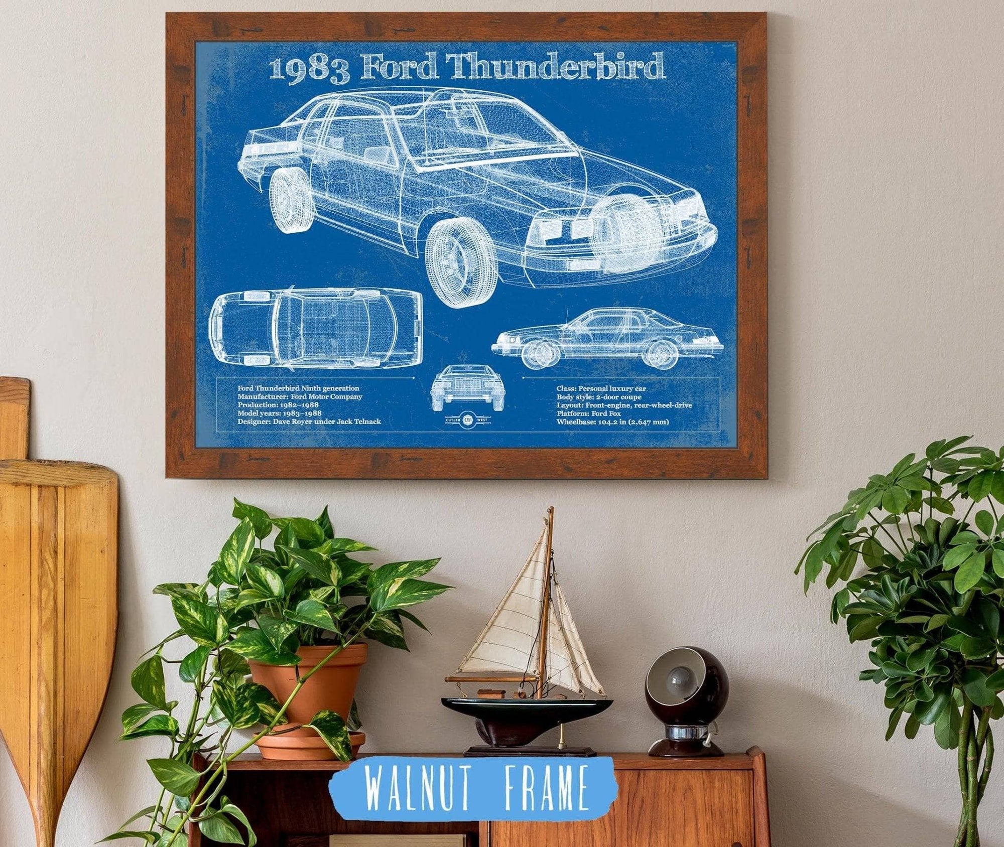 Cutler West Ford Collection 14" x 11" / Walnut Frame 1983 Ford Thunderbird Vintage Blueprint Auto Print 933311011_39962