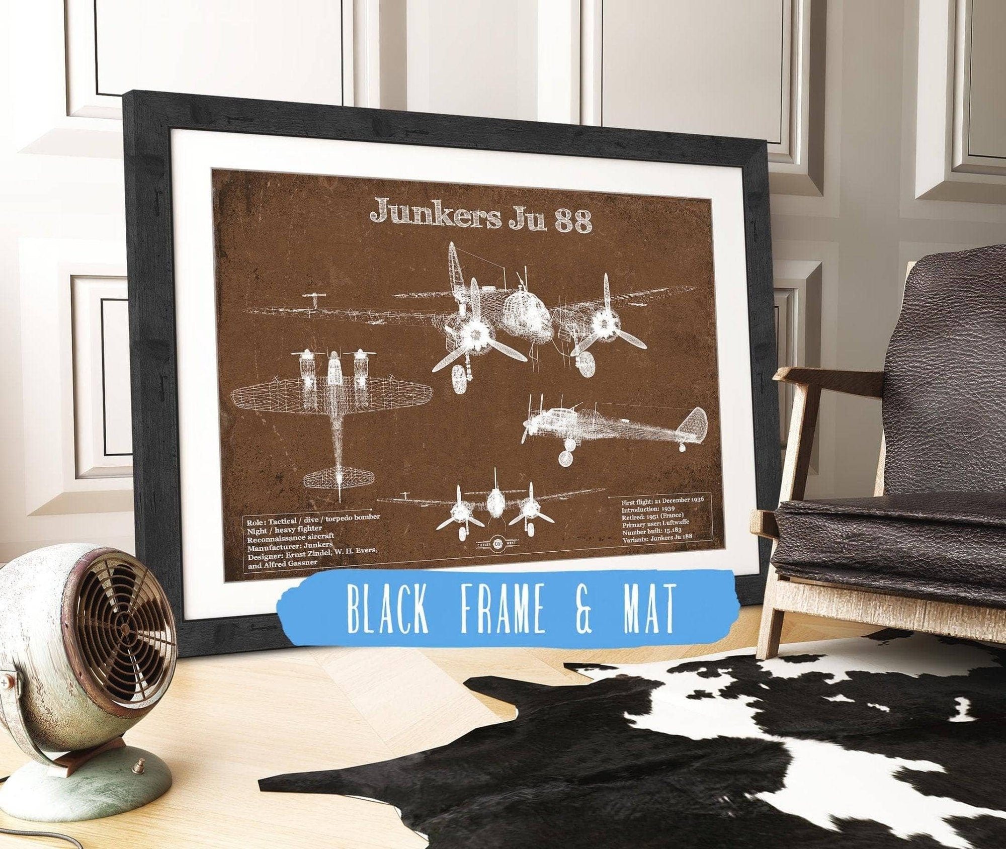 Cutler West Military Aircraft 14" x 11" / Black Frame & Mat Junkers Ju 88 WWII Combat Aircraft Vintage Blueprint Original Military Wall Art 933350048_16294