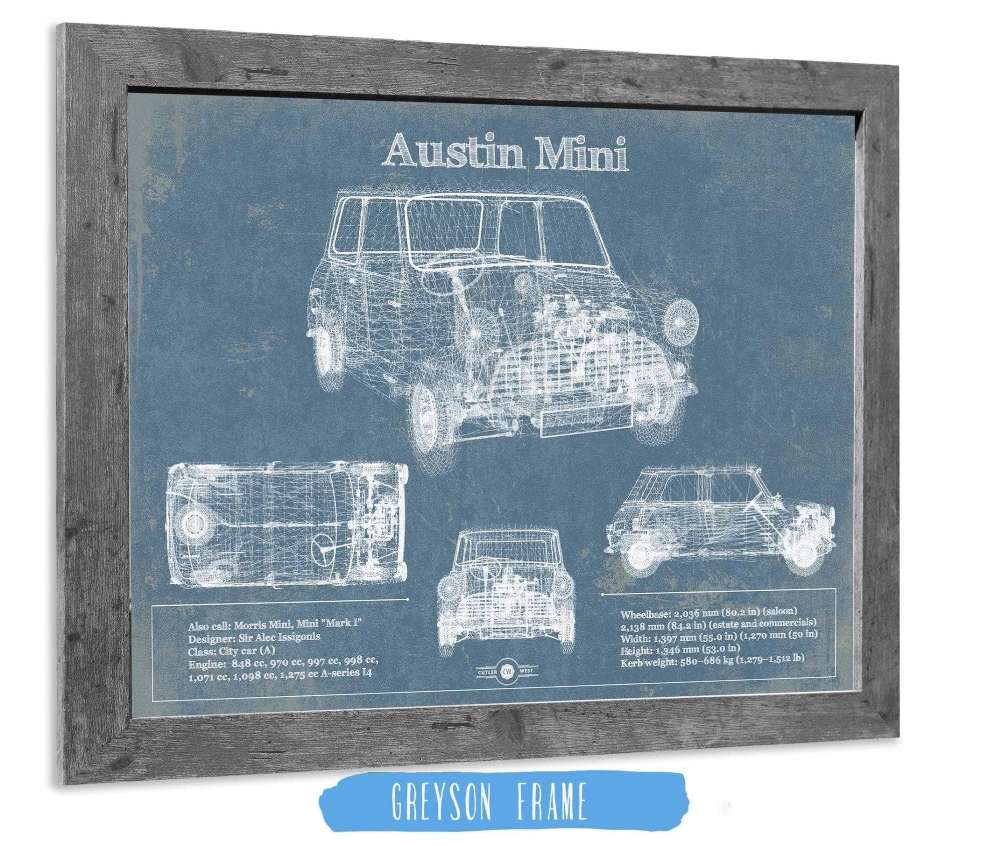 Cutler West Vehicle Collection Austin Mini Blueprint Vintage Auto Print