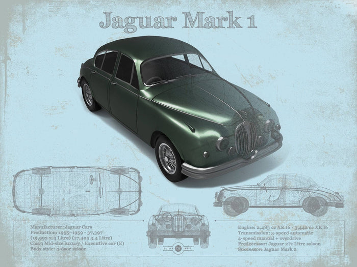 Cutler West Jaguar Collection 14" x 11" / Unframed Jaguar Mark 1 (Dark Green) Blueprint Vintage Auto Print 933311119_17606