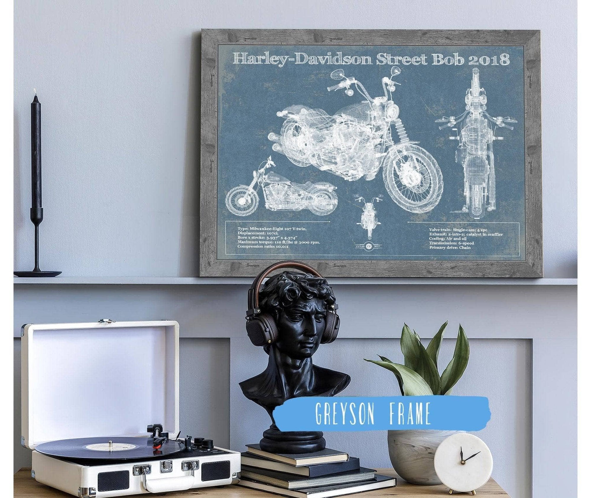 Cutler West 14" x 11" / Greyson Frame Harley-Davidson Street Bob 2018 Blueprint Motorcycle Patent Print 833110150_20249