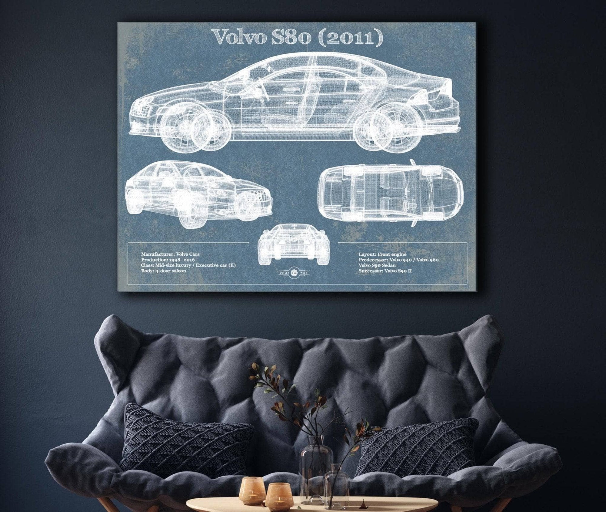 Cutler West Vehicle Collection Volvo S80 (2011) Vintage Blueprint Auto Print