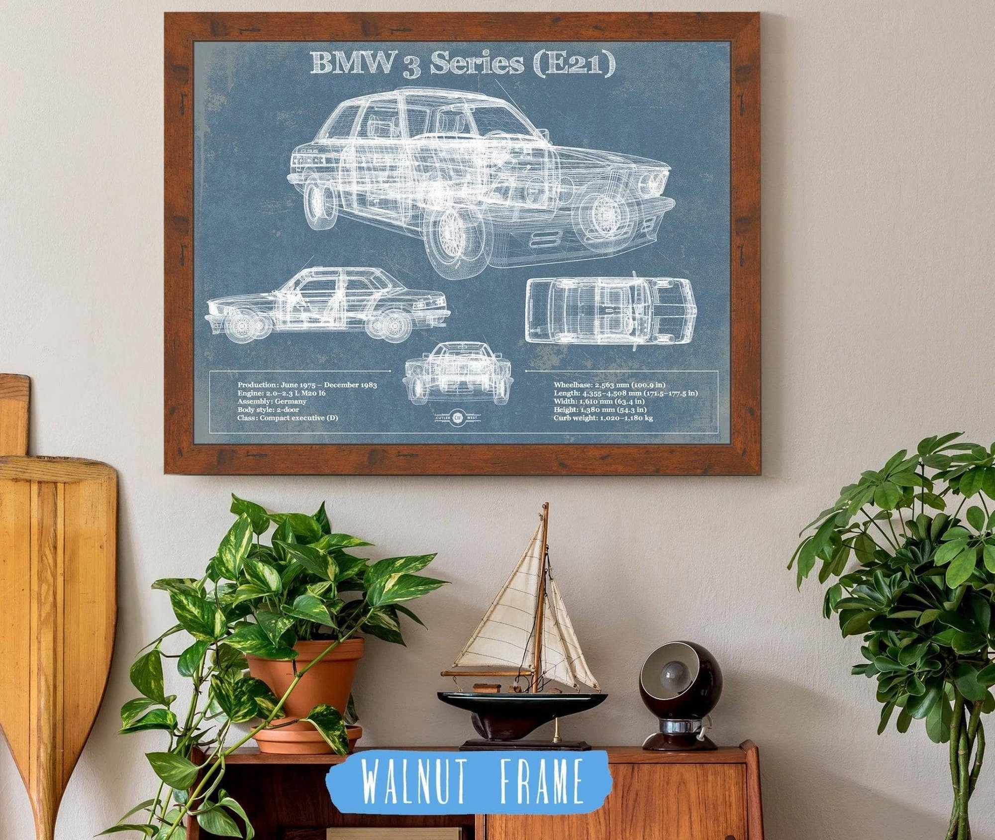 Cutler West Vehicle Collection 14" x 11" / Walnut Frame BMW 3 Series E21 Vintage Blueprint Auto Print 833110083_48080