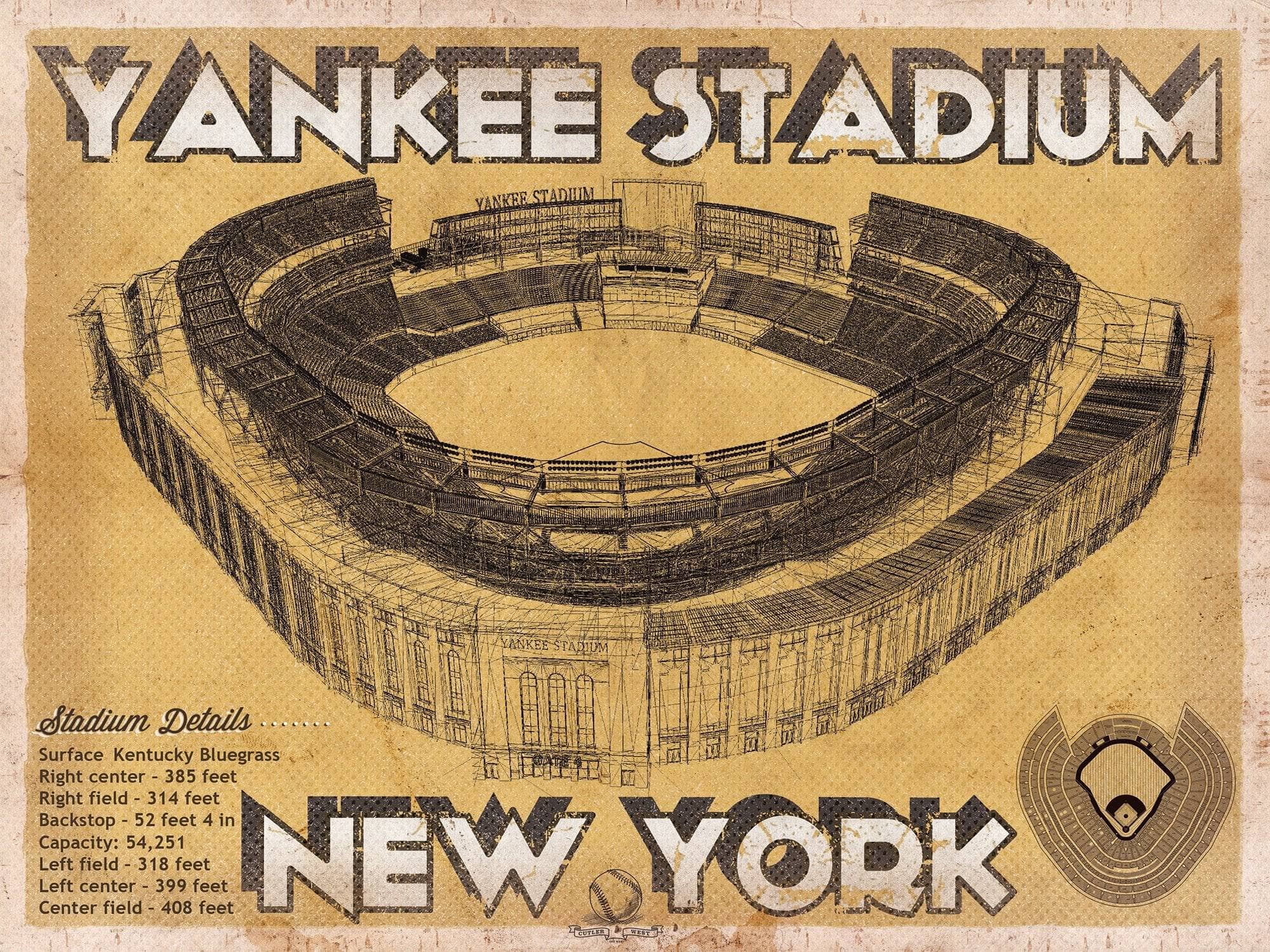 Cutler West Baseball Collection 14" x 11" / Unframed NY Yankees - Vintage Yankee Stadium Blueprint Baseball Print 715530501