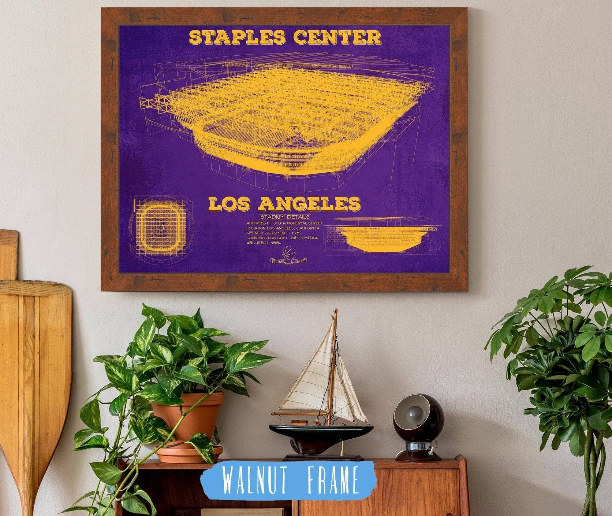 Cutler West Basketball Collection 14" x 11" / Walnut Frame LA Lakers - Staples Center Vintage Blueprint NBA Basketball NBA Team Color Print 763679666_28215