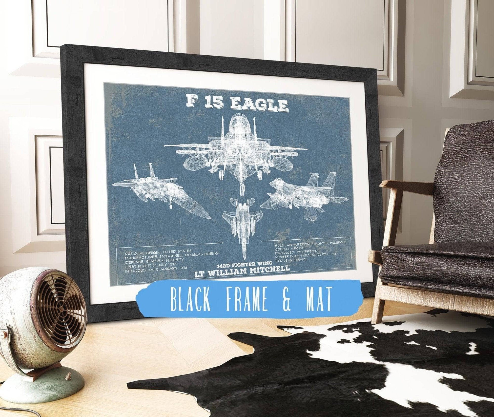 Cutler West Best Selling Collection F-15 Eagle Vintage Aviation Blueprint Military Print - Custom Name and Squadron Text