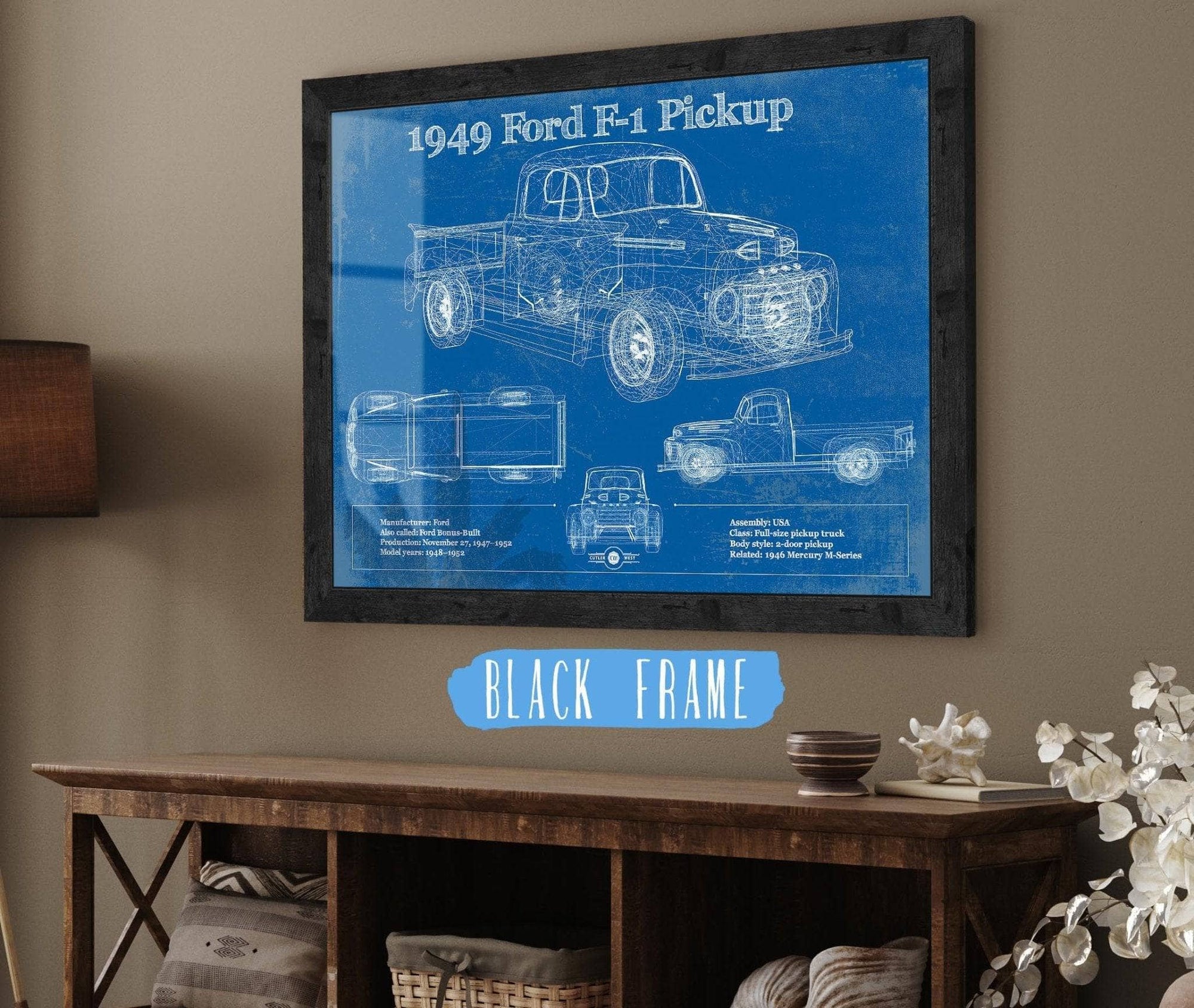 Cutler West Ford Collection 14" x 11" / Black Frame 1949 Ford F-1 Pickup Vintage Blueprint Auto Print 933311019_34350