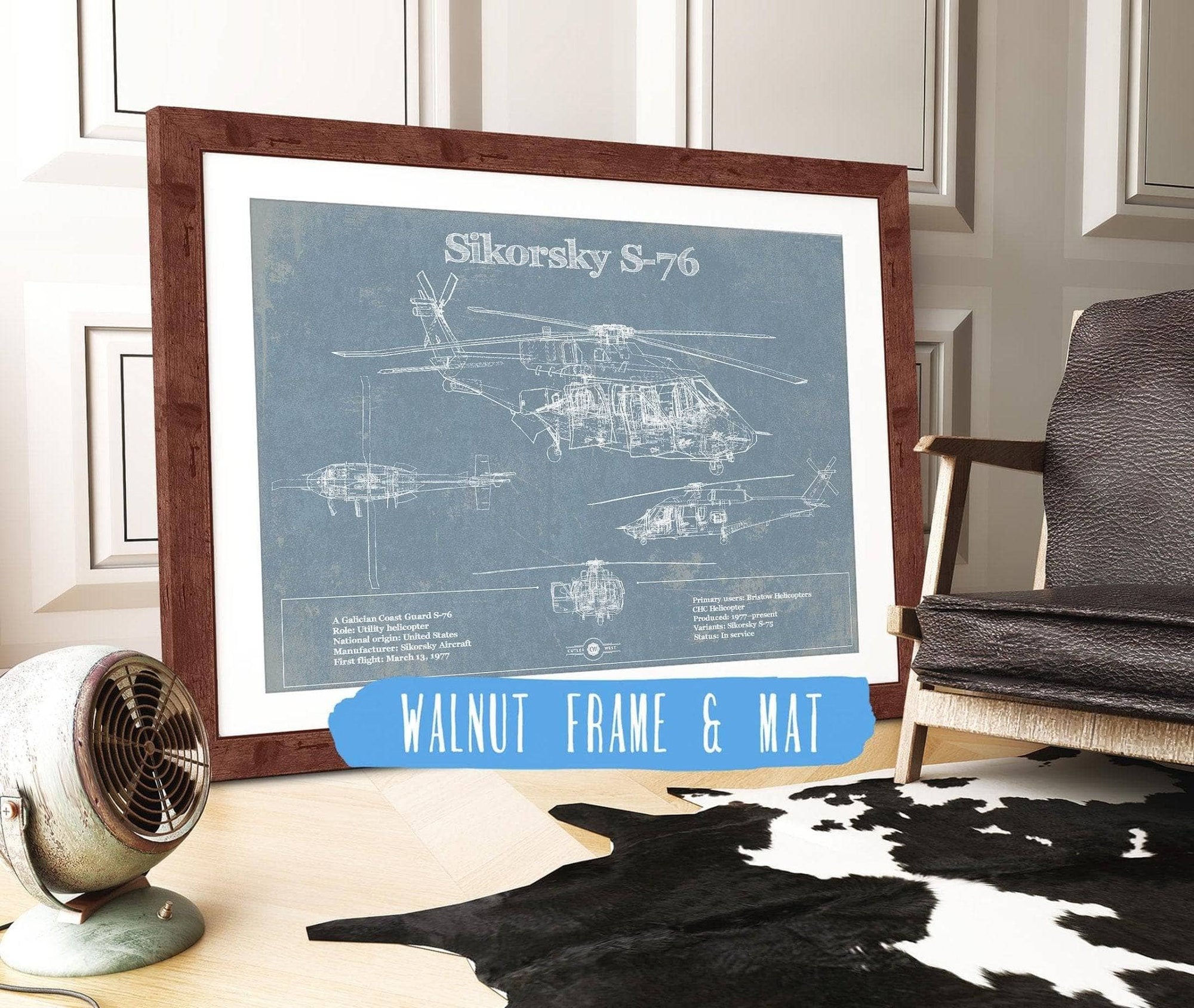 Cutler West Military Aircraft 14" x 11" / Walnut Frame & Mat Sikorsky S-76 Helicopter Vintage Aviation Blueprint Military Print 833110137_9701