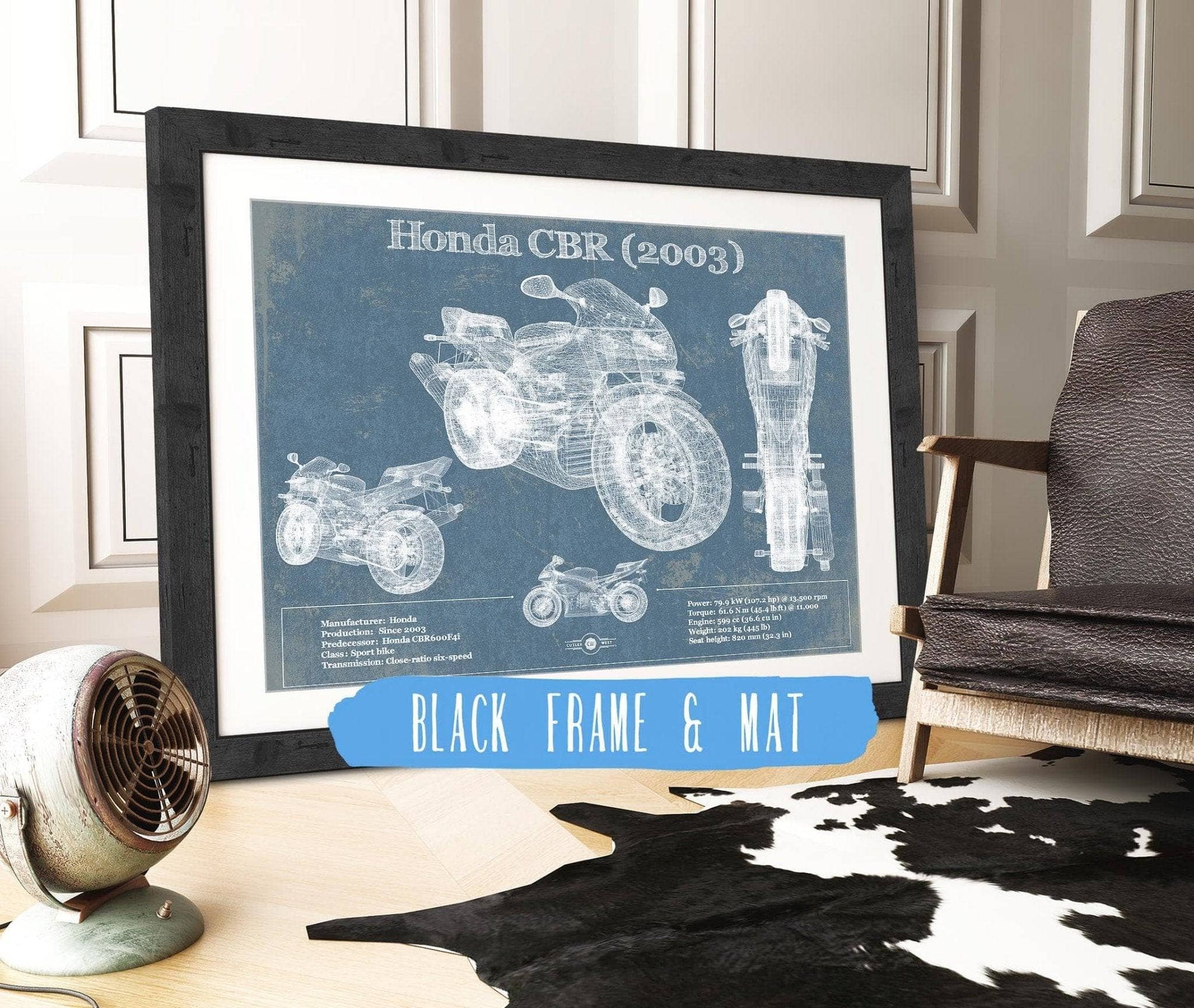 Cutler West Vehicle Collection 14" x 11" / Black Frame & Mat Honda CBR660RR 2003 Blueprint Motorcycle Patent Print 889224077_13984