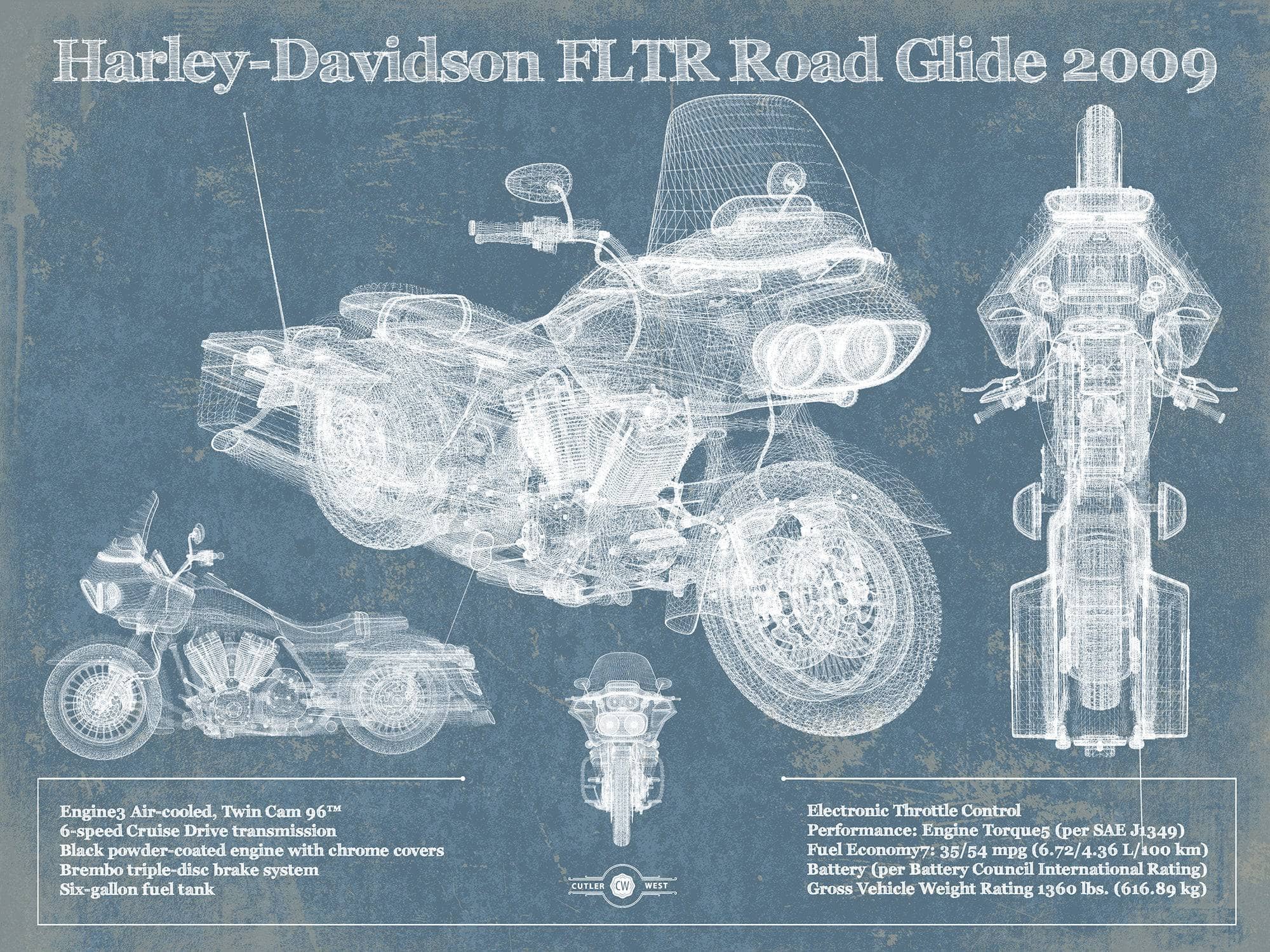 Cutler West 14" x 11" / Unframed Harley-Davidson FLTR Road Glide 2009 Blueprint Motorcycle Patent Print 833110147_14444