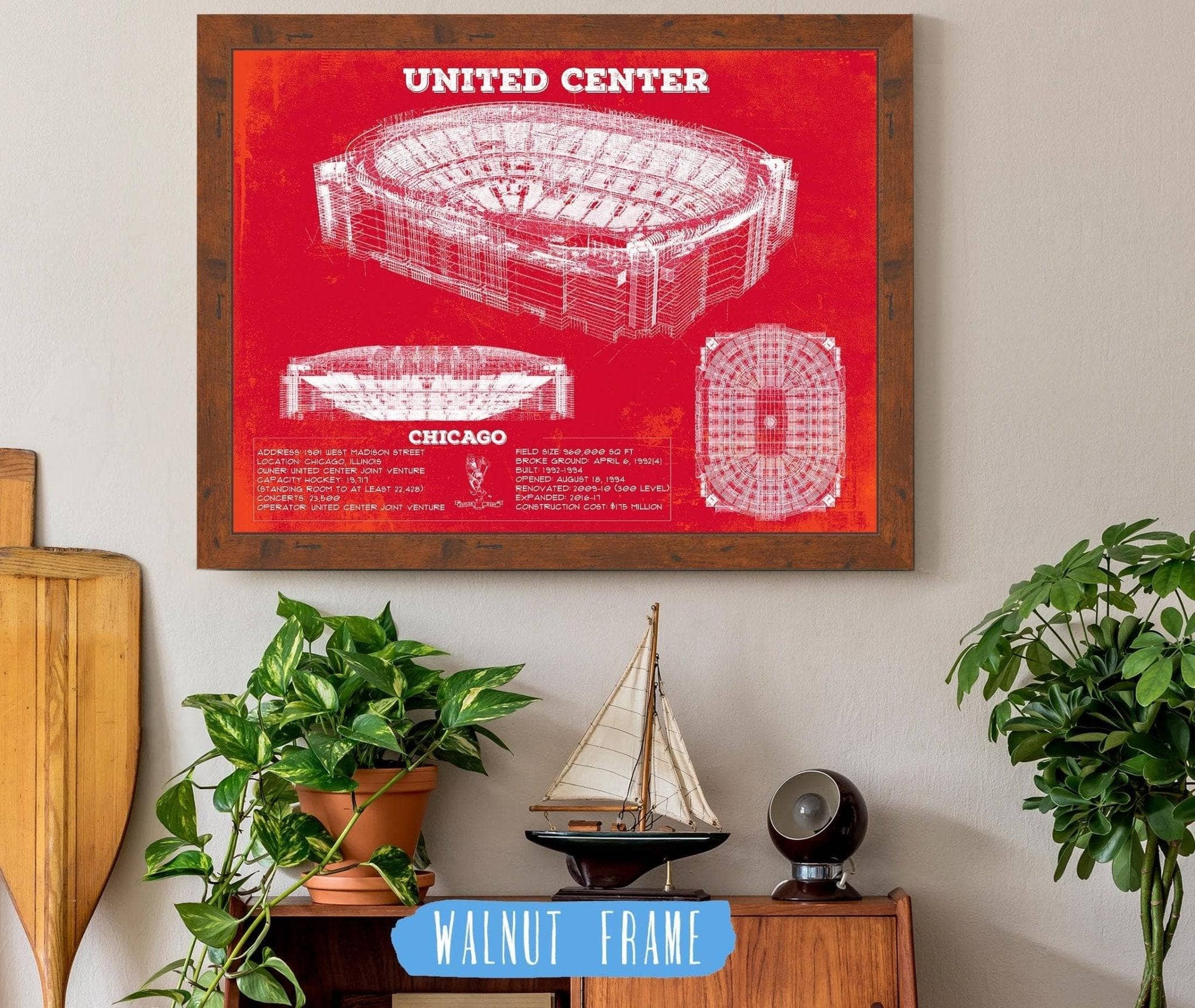 Cutler West 14" x 11" / Walnut Frame United Center - Chicago Blackhawks Team Colors Vintage Hockey Print 933311129_8974