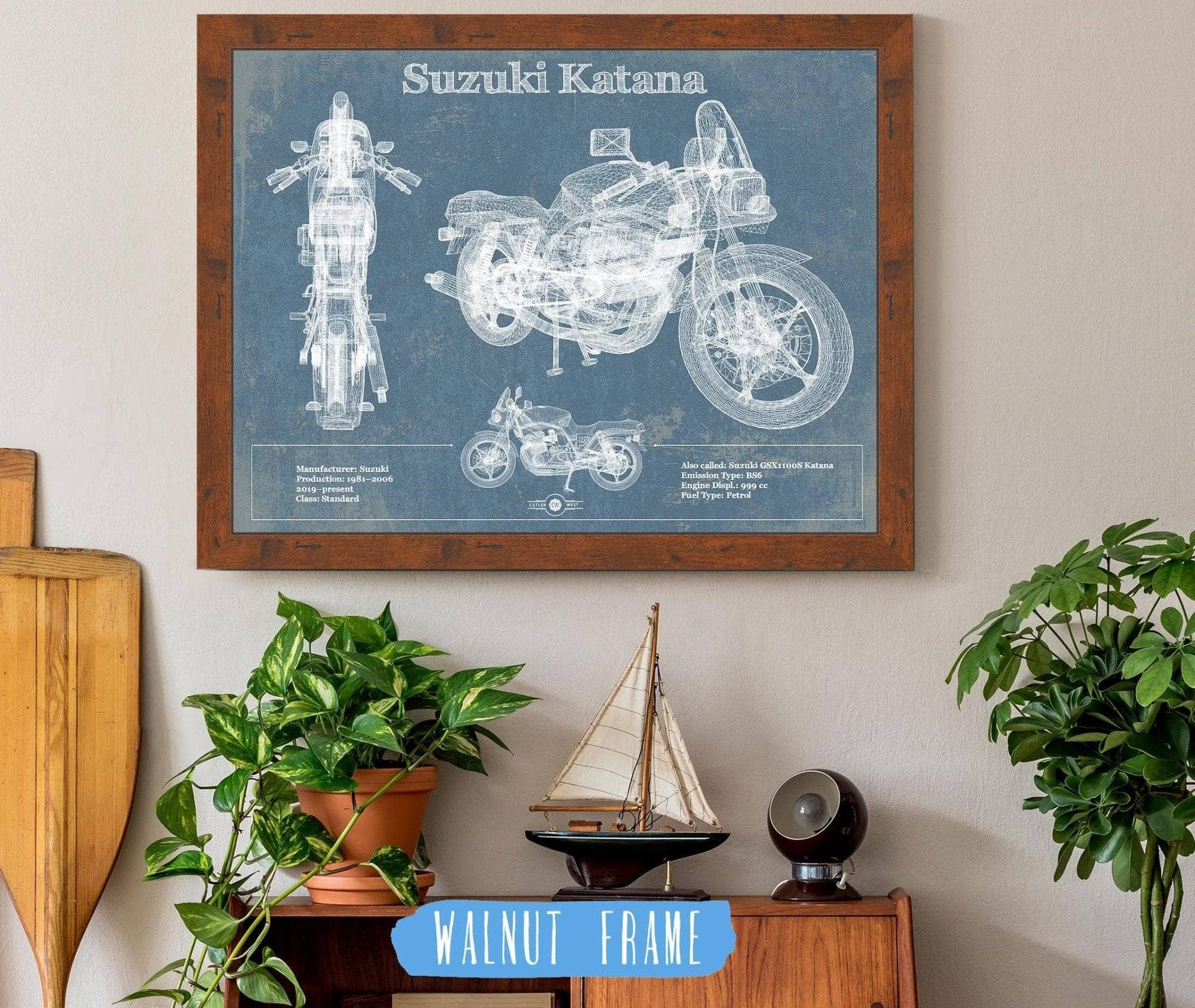 Cutler West 14" x 11" / Walnut Frame Suzuki Katana Blueprint Motorcycle Patent Print 891062349_10491