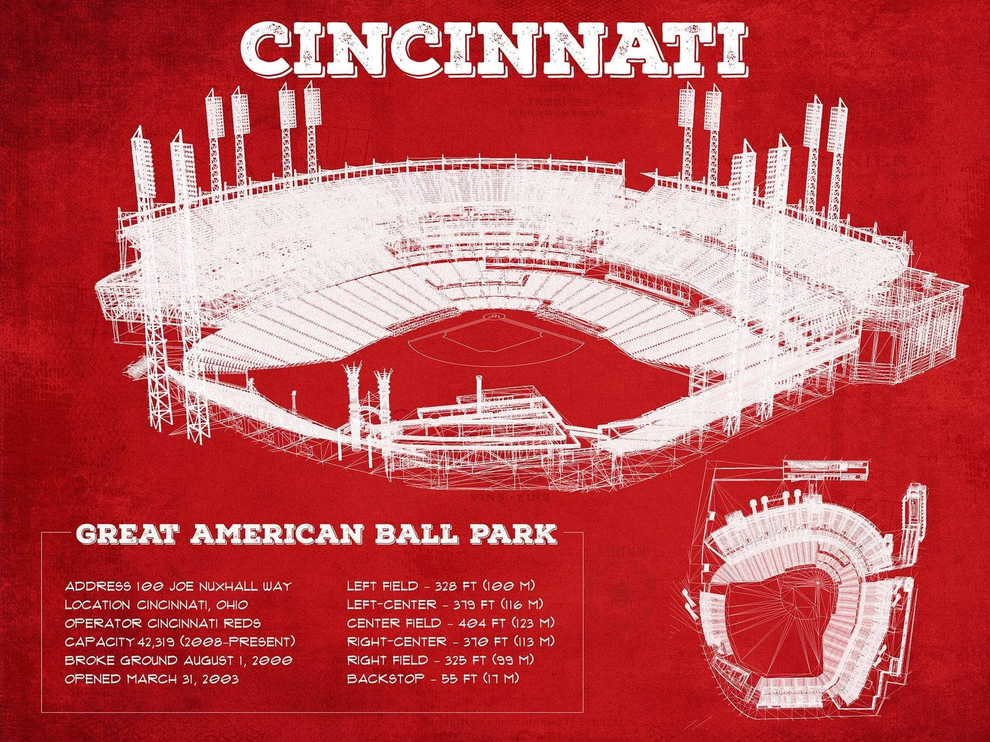 Cutler West Baseball Collection 14" x 11" / Unframed Great American Ballpark - Vintage Cincinnati Reds Baseball Print 694504919_63124