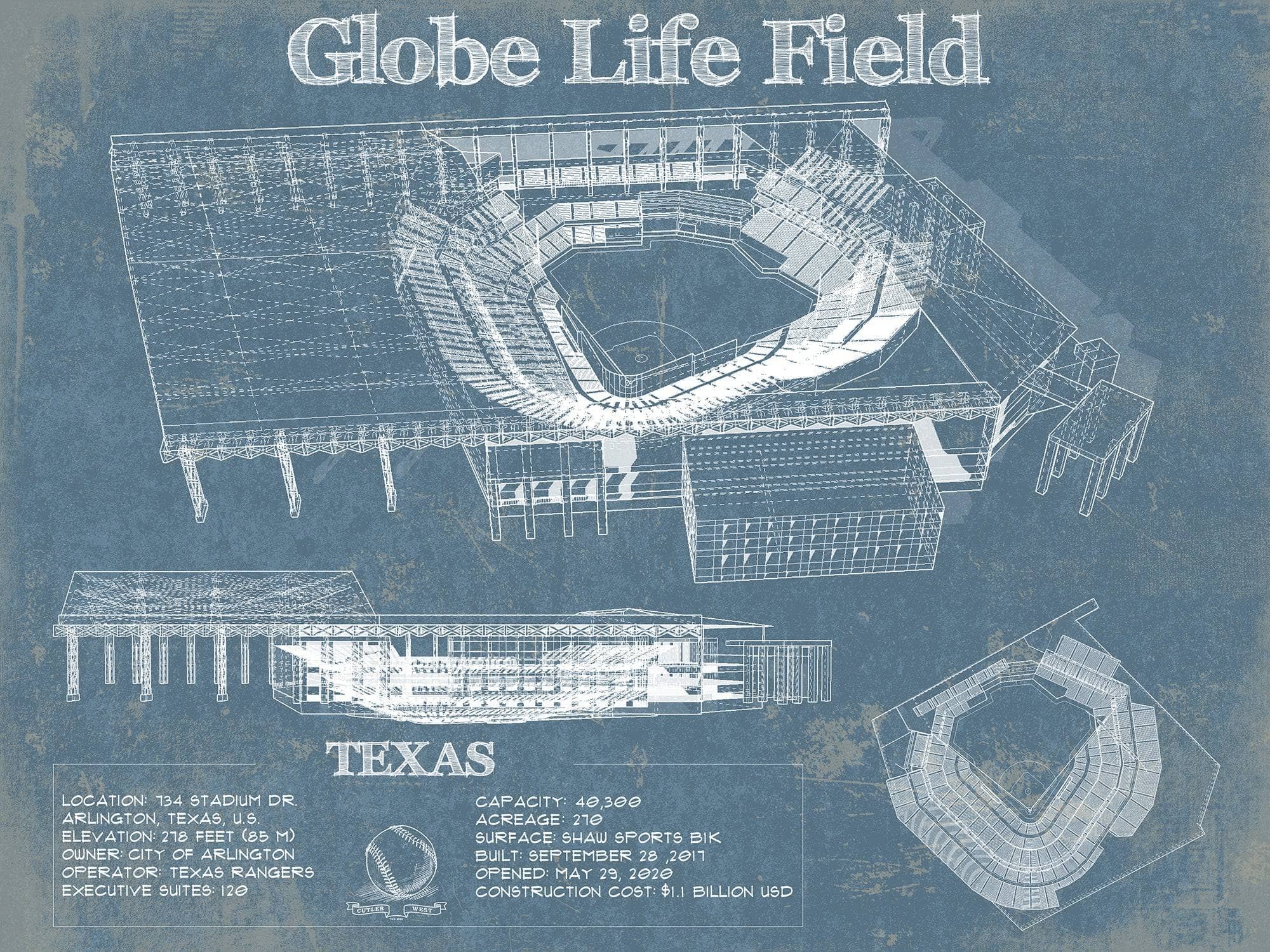 Cutler West Baseball Collection 14" x 11" / Unframed Texas Rangers -  Globe Life Field Vintage Stadium Baseball Print 833110158_11144