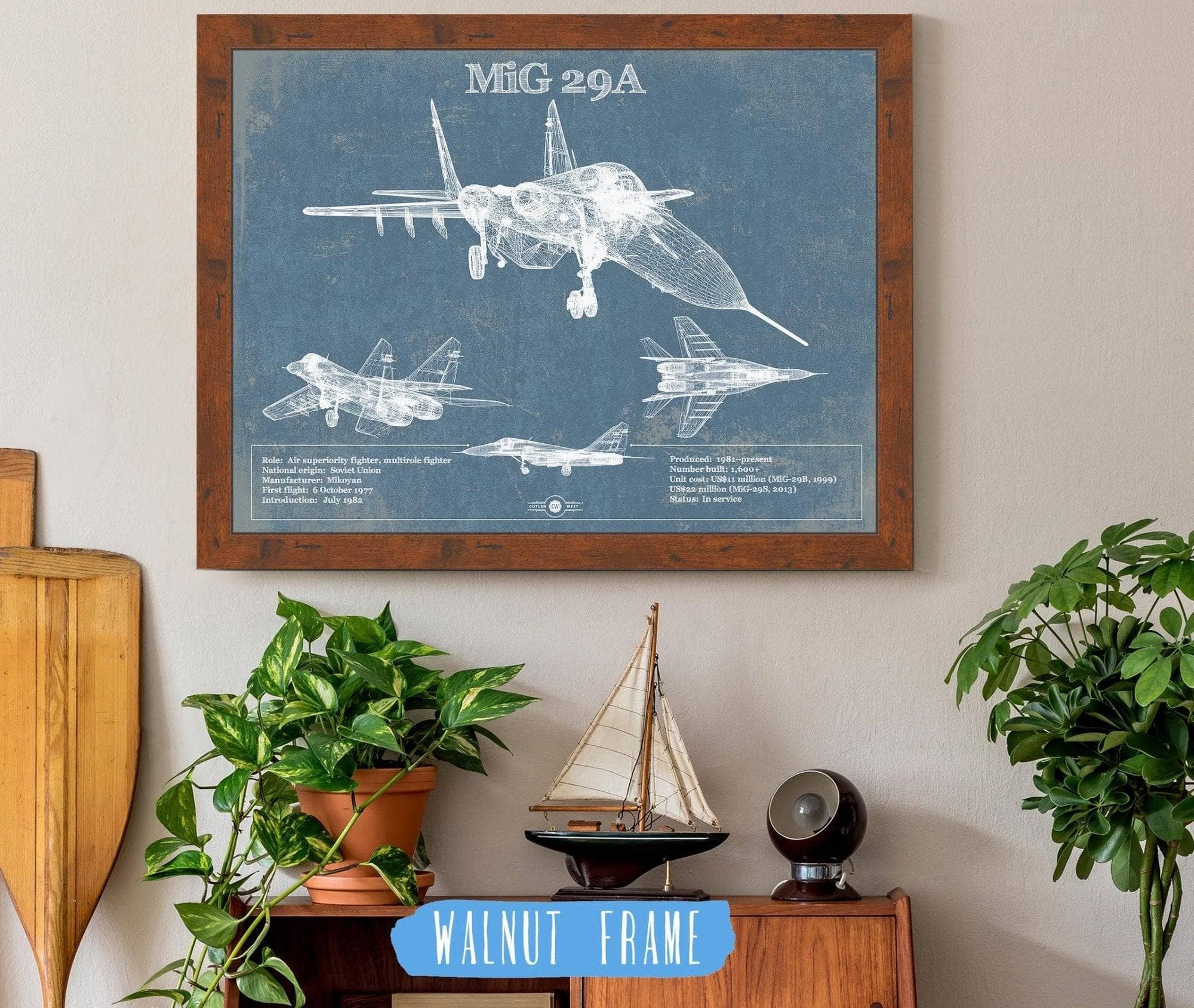 Cutler West Military Aircraft 14" x 11" / Walnut Frame MiG 29A Patent Blueprint Original Design Russian Jet Wall Art 833447939_73862