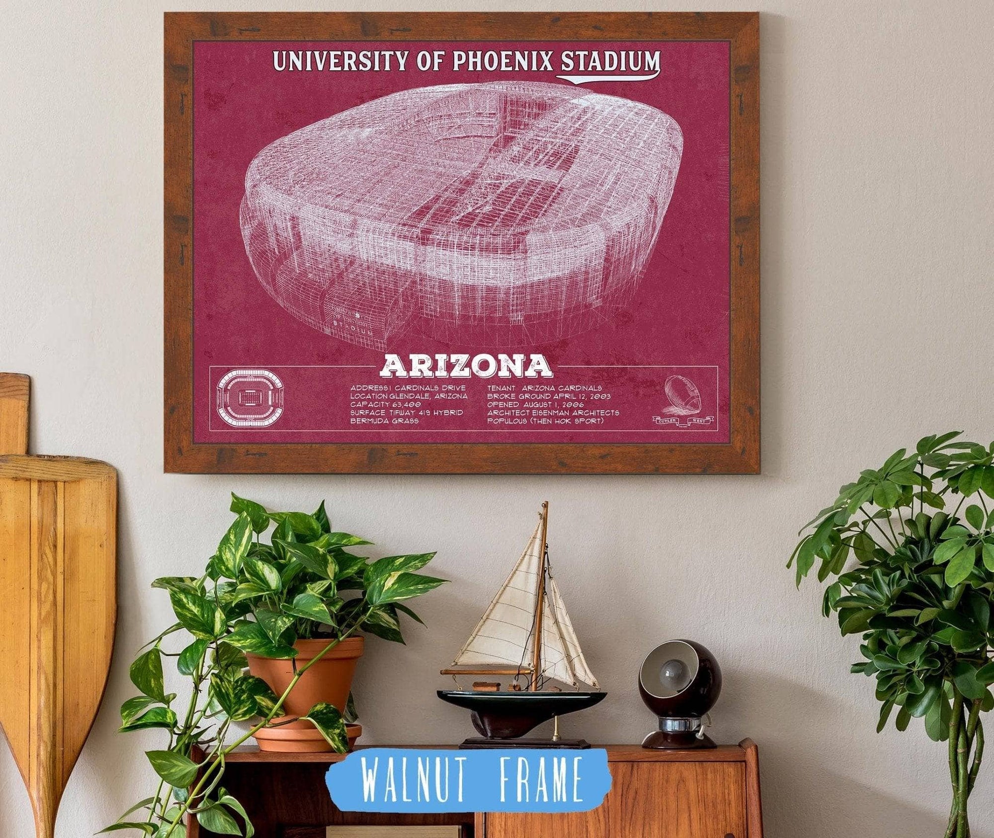 Cutler West Pro Football Collection 14" x 11" / Walnut Frame Arizona Cardinals - University of Phoenix Stadium Vintage Football Team Color Print 701397572_69196