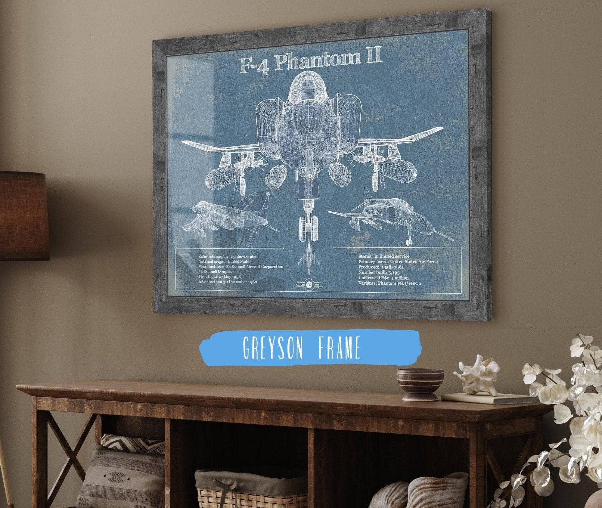 Cutler West Military Aircraft F-4 Phantom II Aircraft Blueprint Original Military Wall Art