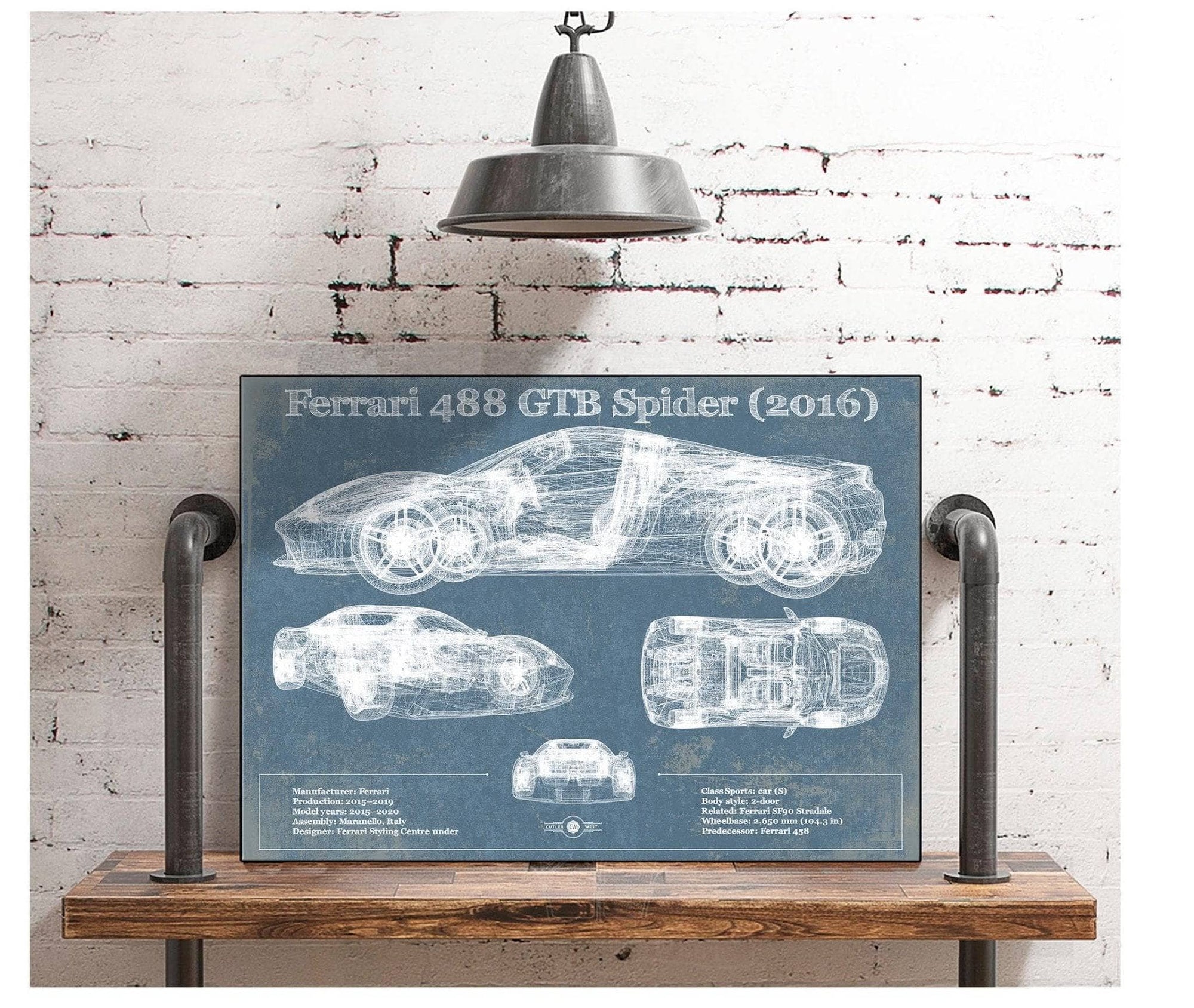 Cutler West Ferrari Collection Ferrari 488 GTB Spider (2016) Blueprint Vintage Auto Print