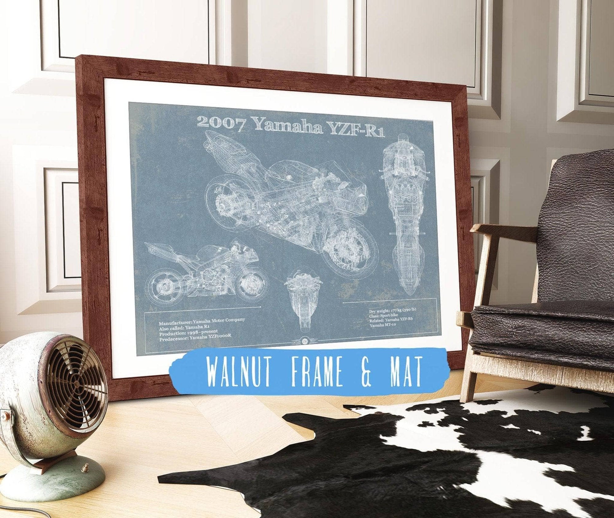 Cutler West 14" x 11" / Walnut Frame & Mat Yamaha YZF-R1 (R1) Blueprint Motorcycle Patent Print 888114587-14"-x-11"41019