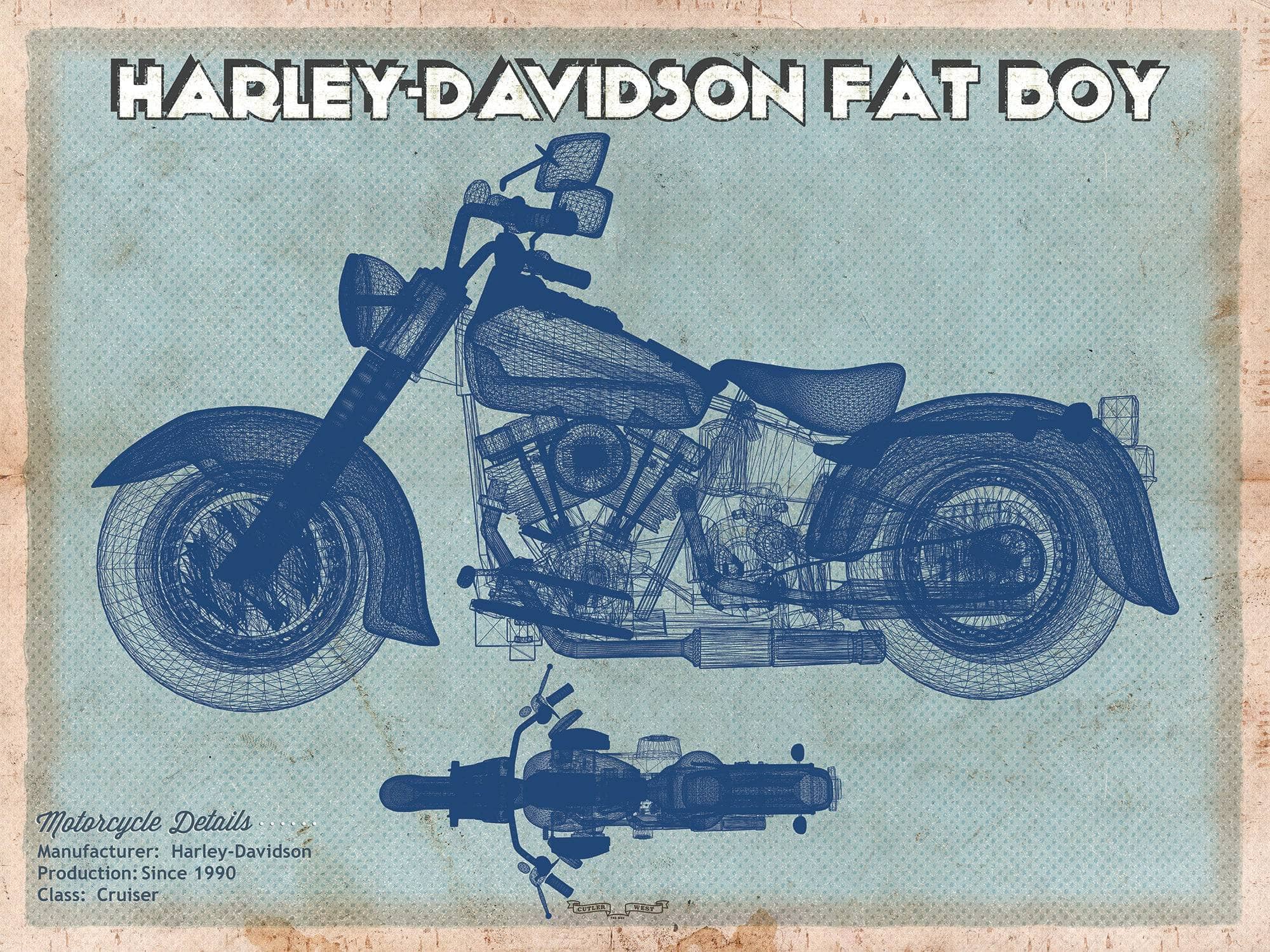 Cutler West 14" x 11" / Unframed Harley-Davidson Fat Boy Blueprint Motorcycle Patent Print 835000029-14"-x-11"64048