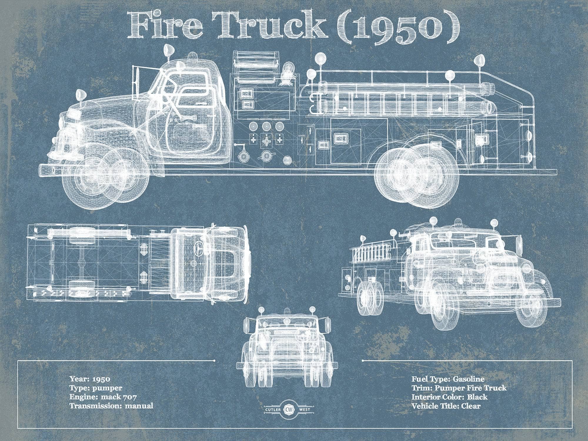 Cutler West Vehicle Collection 1950 Fire Truck Vintage Blueprint Auto Print