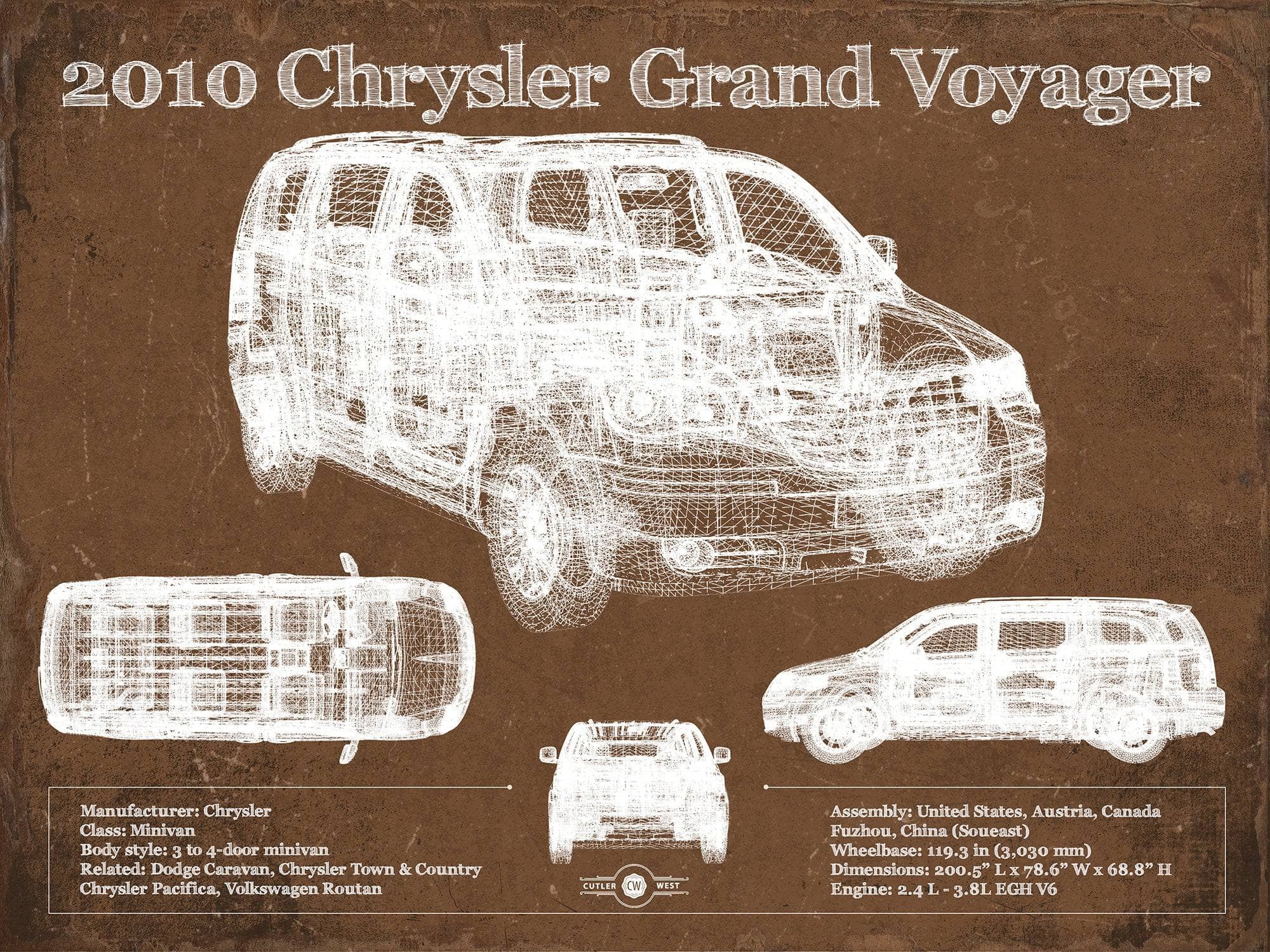 Cutler West Vehicle Collection 2010 Chrysler Grand Voyager Vintage Blueprint Auto Print