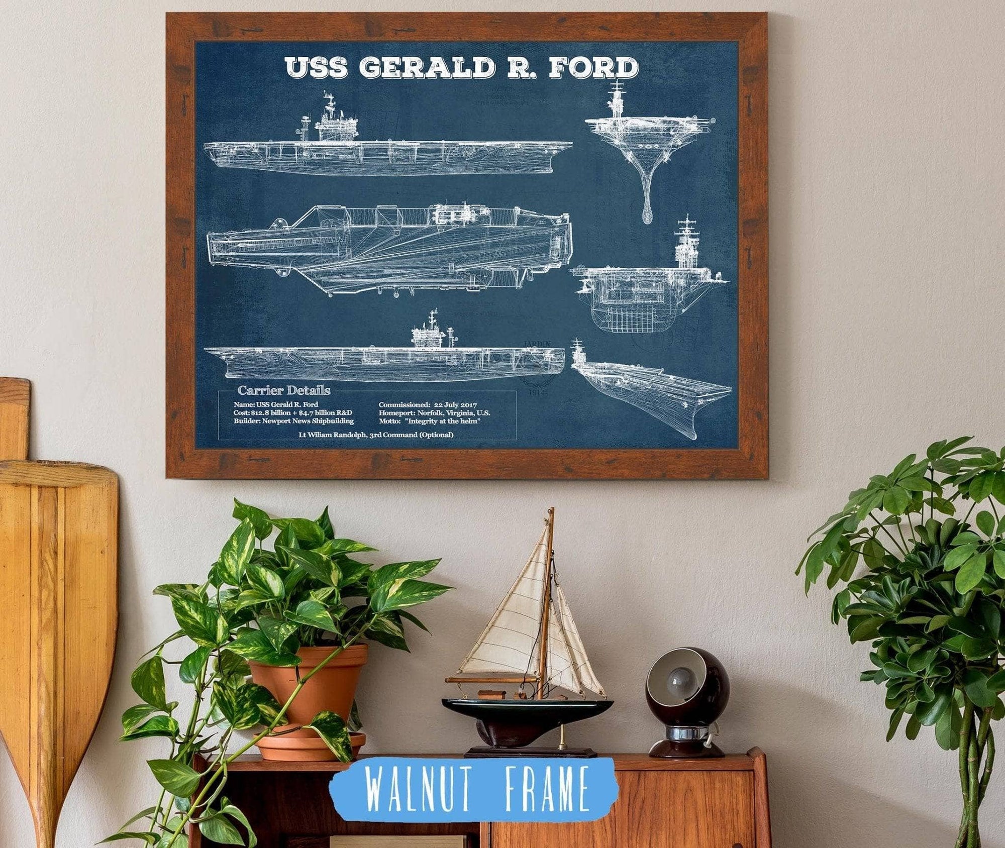 Cutler West Naval Military 14" x 11" / Walnut Frame USS Gerald R. Ford (CVN-78) Aircraft Carrier Blueprint Original Military Wall Art - Customizable 845000166_66510