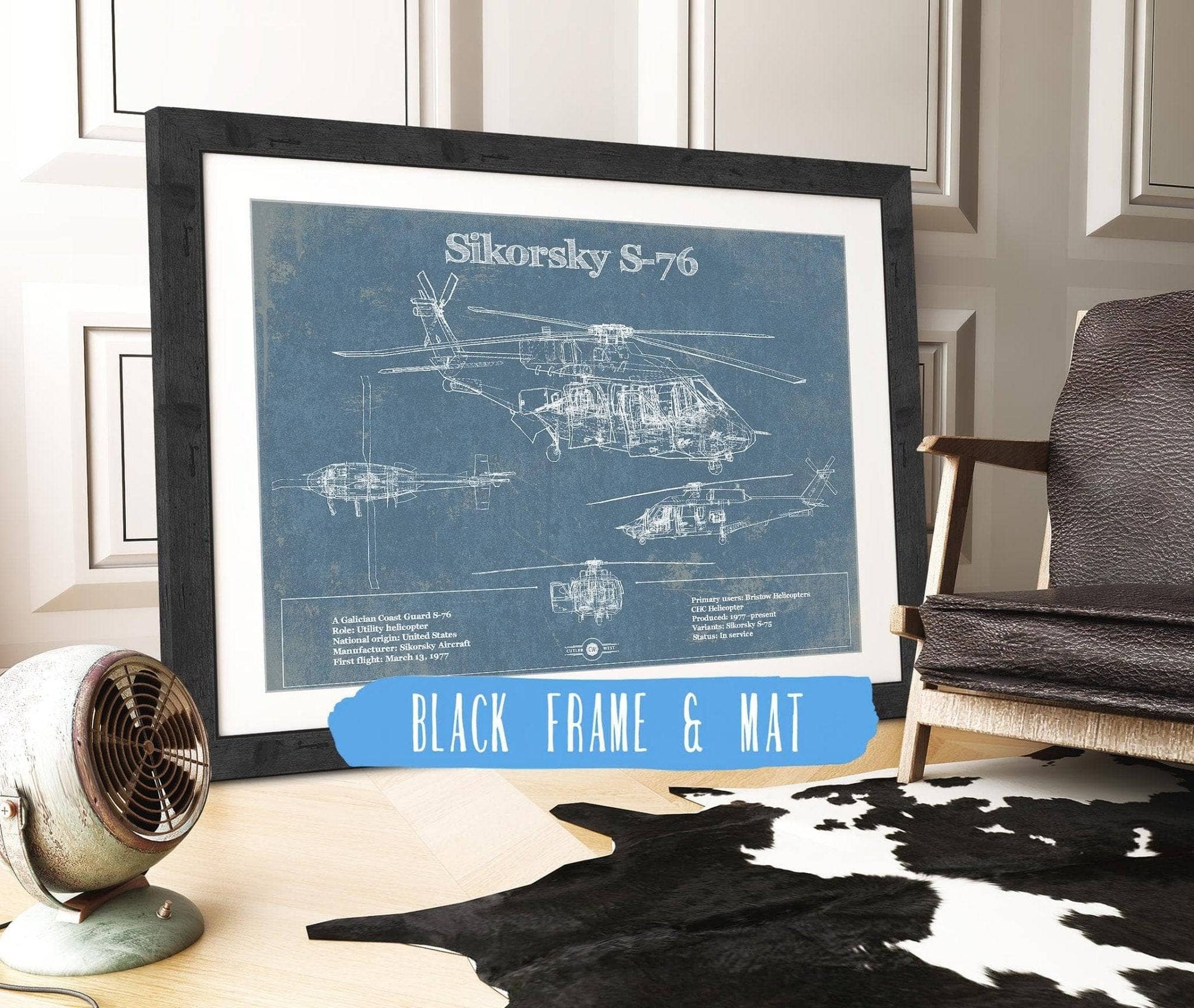 Cutler West Military Aircraft 14" x 11" / Black Frame & Mat Sikorsky S-76 Helicopter Vintage Aviation Blueprint Military Print 833110137_9699