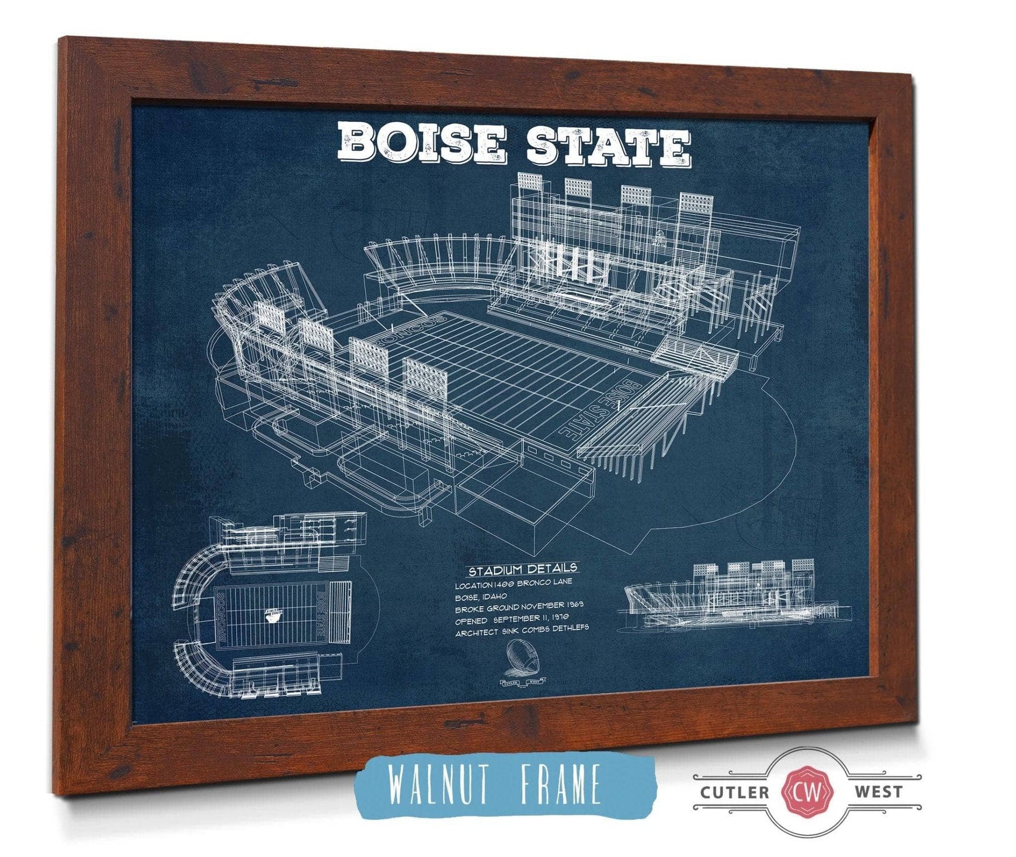 Cutler West College Football Collection Boise State Broncos Art - Vintage Boise State Stadium Blueprint Art Print