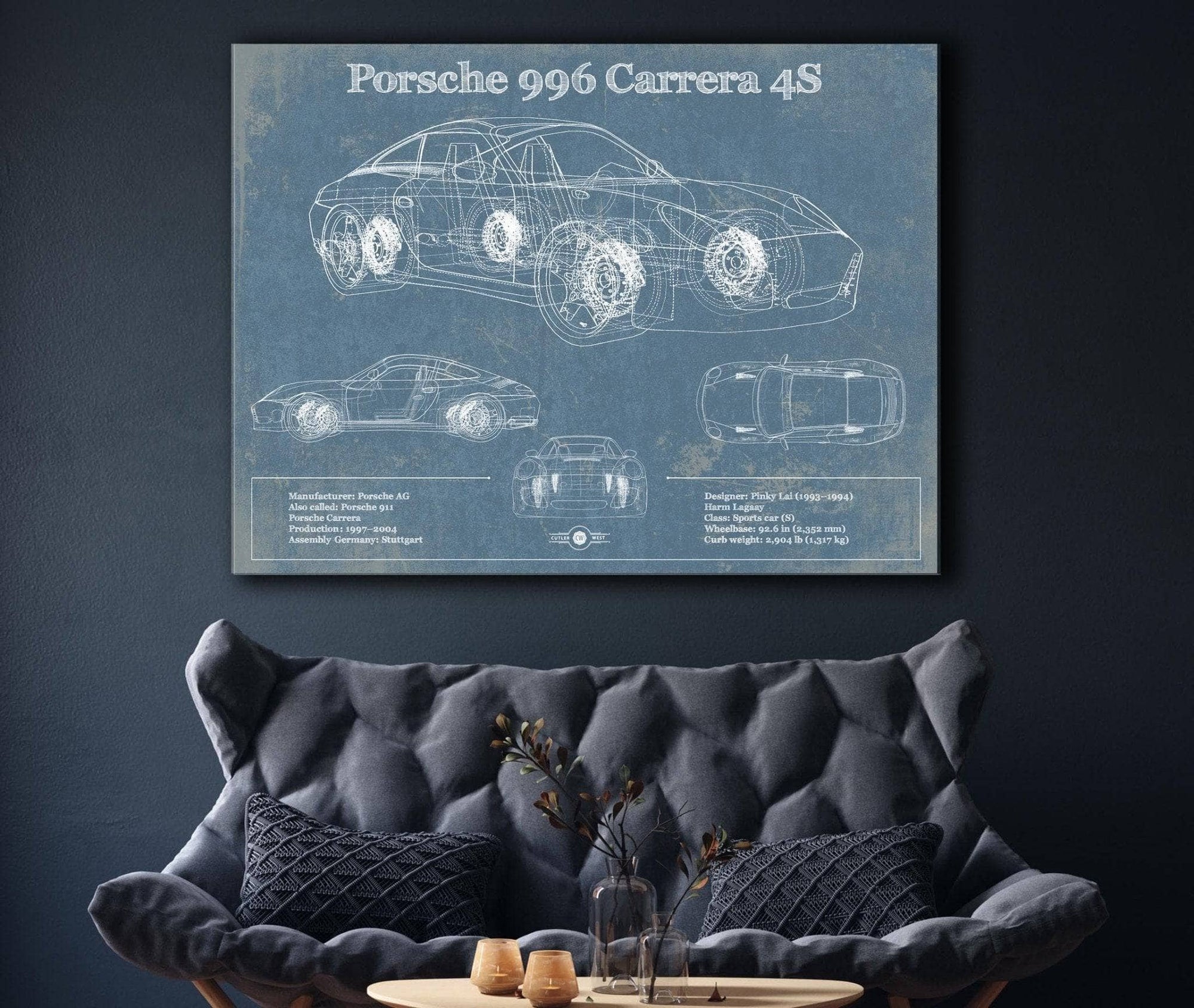 Cutler West Porsche Collection Porsche 996 Carrera 4S Vintage Blueprint Auto Print