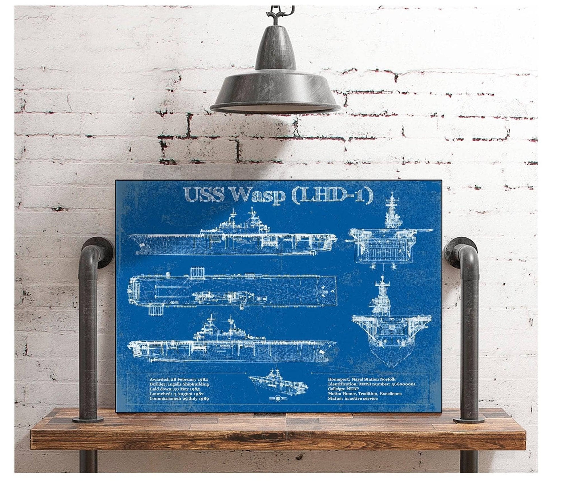 Cutler West Naval Military USS Wasp (LHD-1) Aircraft Carrier Blueprint Original Military Wall Art - Customizable