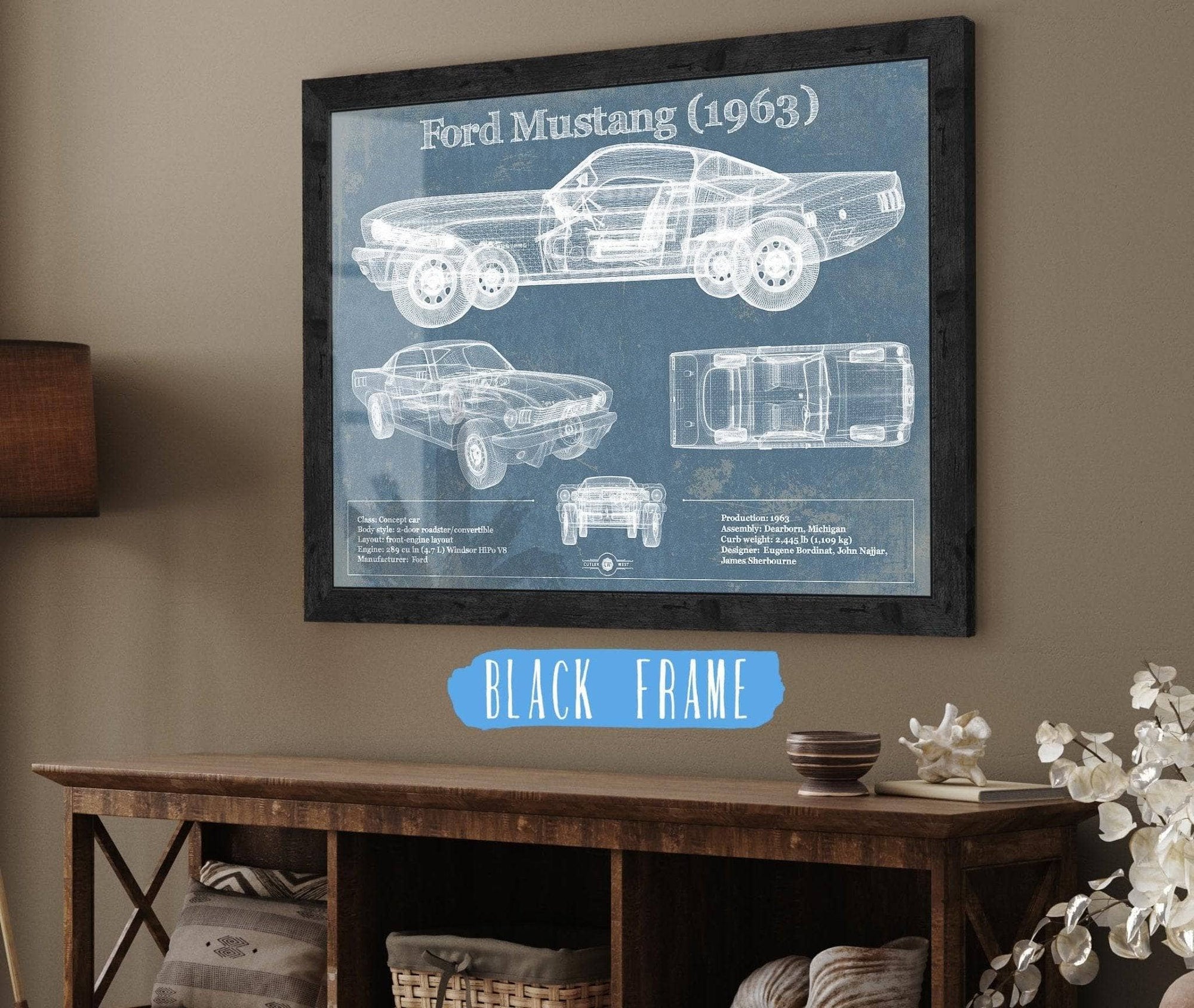 Cutler West Ford Collection 14" x 11" / Black Frame Ford Mustang 1963 Original Blueprint Art 870268486-TOP