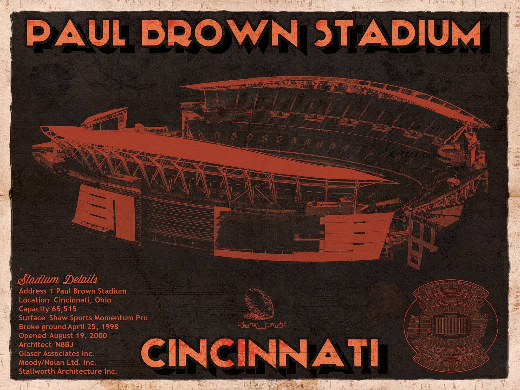 Cutler West Pro Football Collection 14" x 11" / Unframed Cincinnati Bengals Paul Brown Stadium - Vintage Football Print 661536575_53489