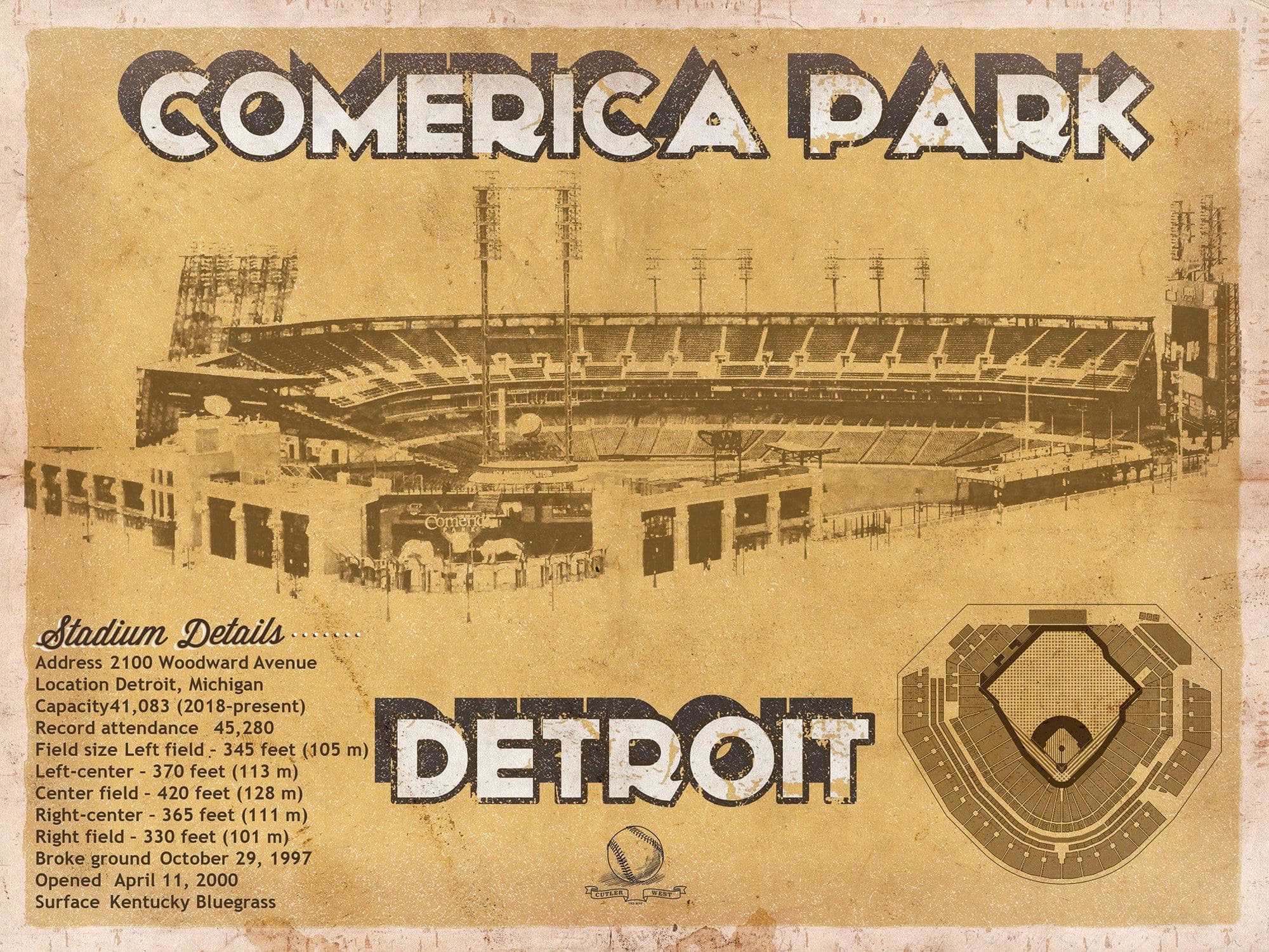 Cutler West Baseball Collection 14" x 11" / Unframed Vintage Detroit Tigers Comerica Park Baseball Print 705008312-14"-x-11"54413