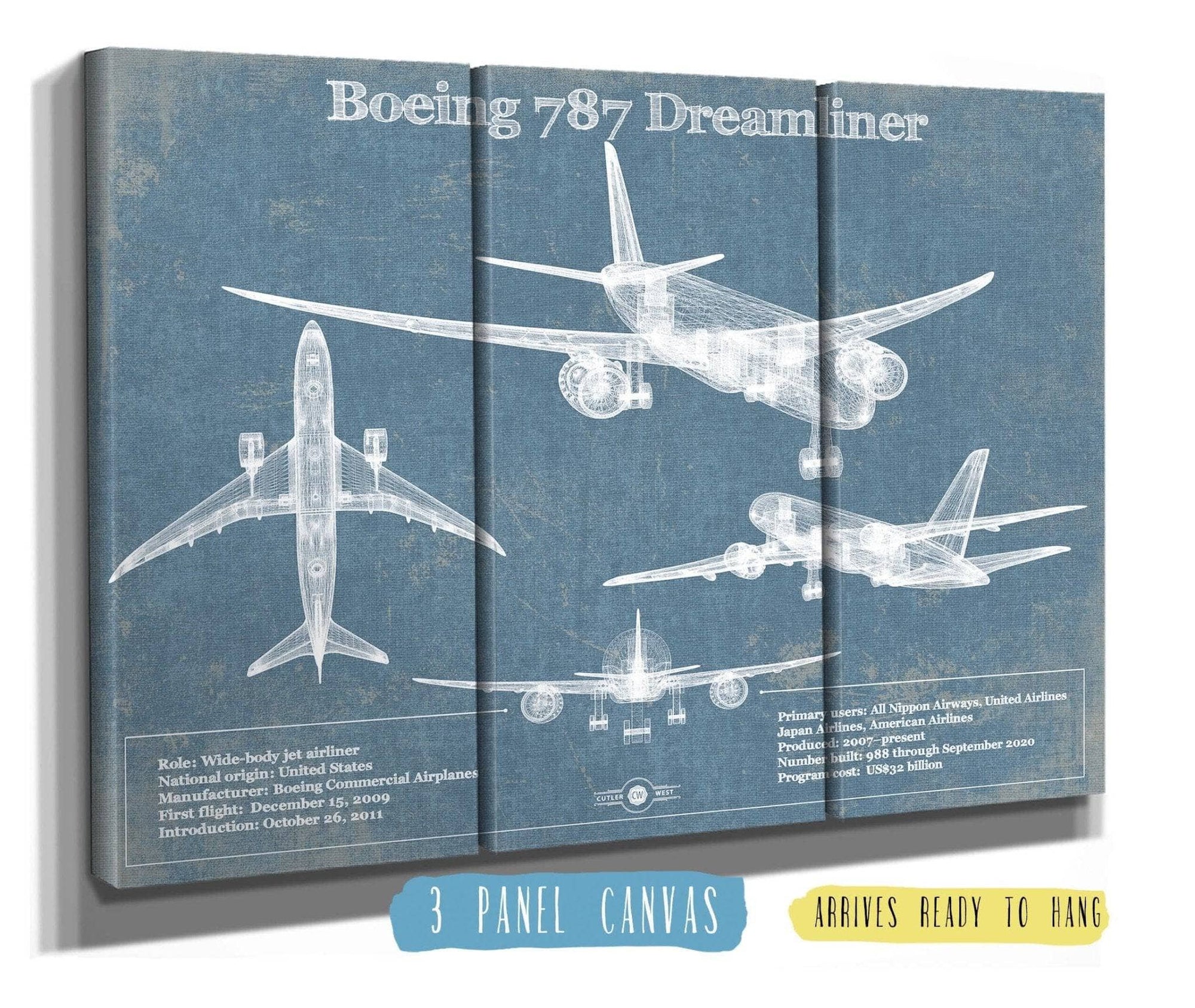Cutler West 48" x 32" / 3 Panel Canvas Wrap Boeing 787 Dreamliner Vintage Aviation Blueprint Print - Custom Pilot Name Can Be Added 897604203-48"-x-32"47335