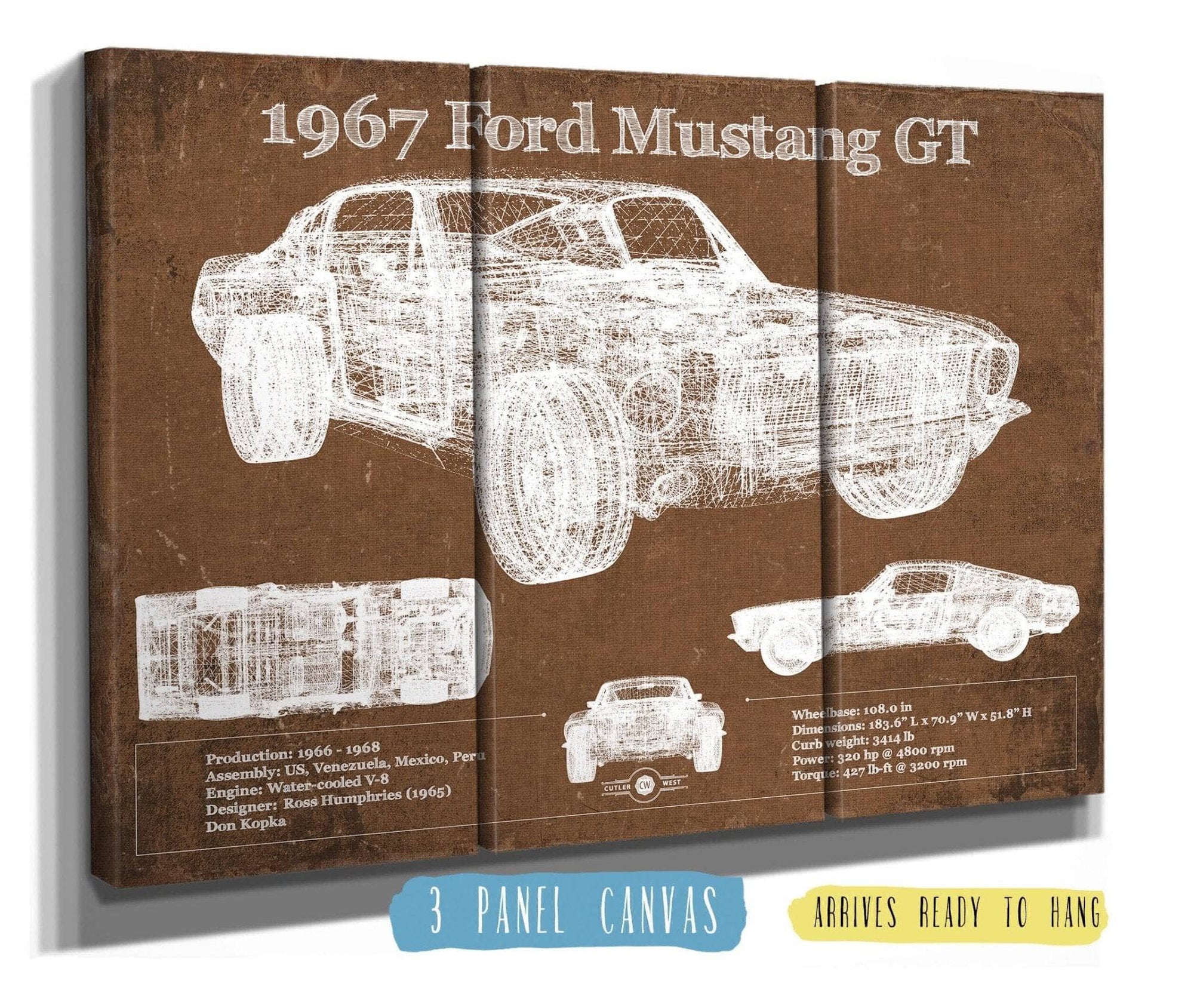 Cutler West Ford Collection 48" x 32" / 3 Panel Canvas Wrap 1967 Ford Mustang GT Blueprint Vintage Auto Print 933350035_34136
