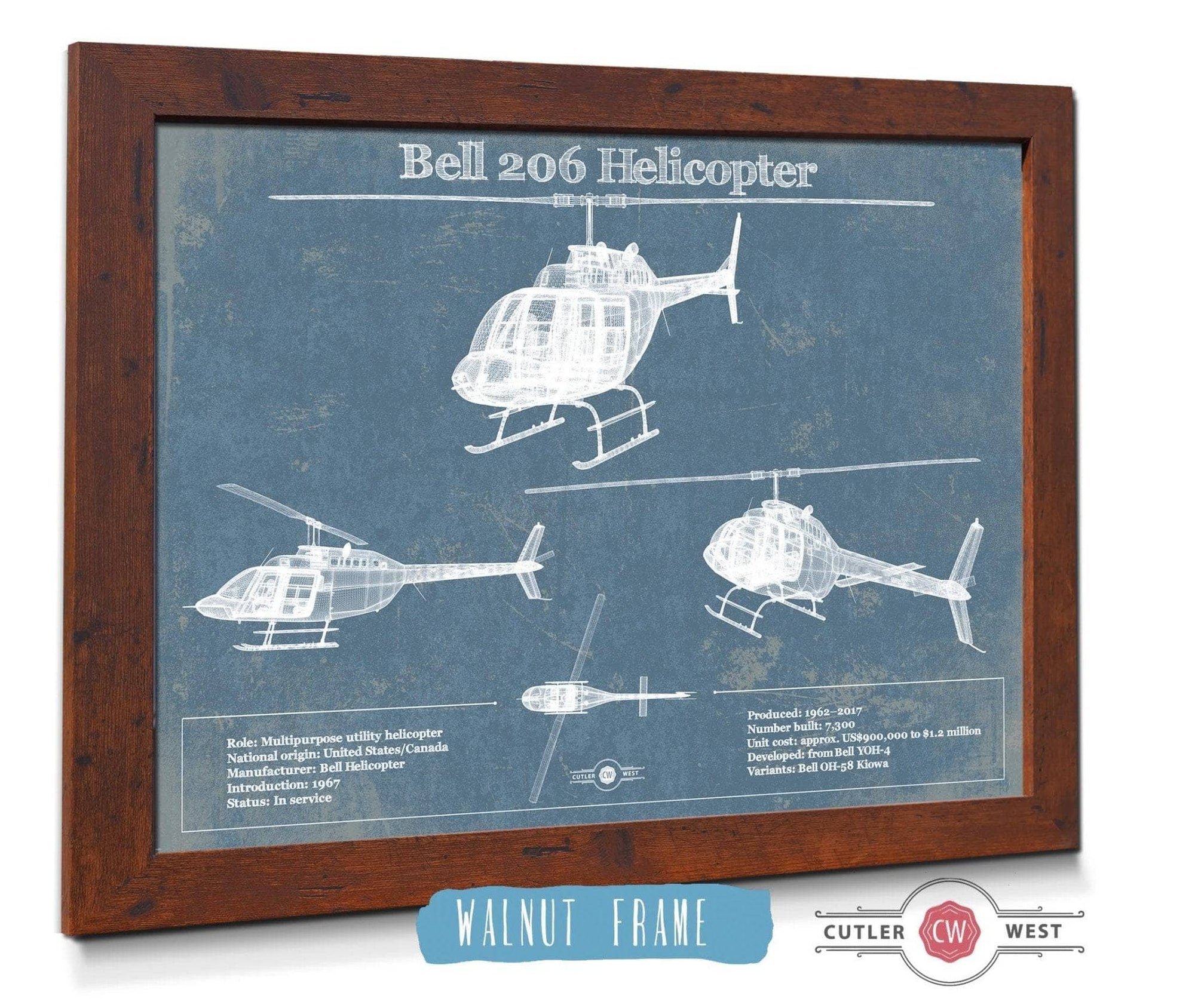 Cutler West Military Aircraft Bell 206 JetRanger/LongRanger Vintage Blueprint Helicopter Print