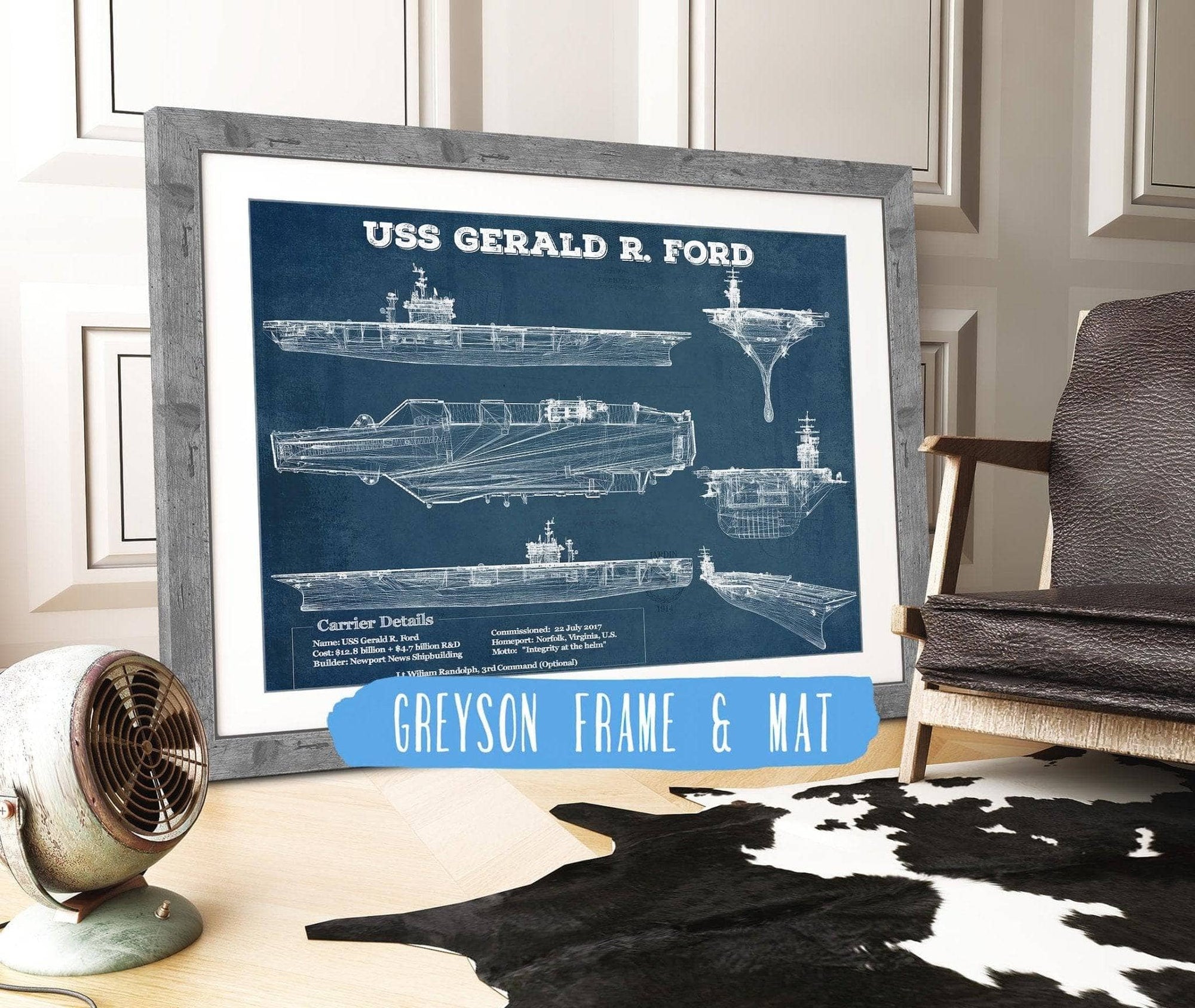 Cutler West Naval Military 14" x 11" / Greyson Frame & Mat USS Gerald R. Ford (CVN-78) Aircraft Carrier Blueprint Original Military Wall Art - Customizable 845000166_66515