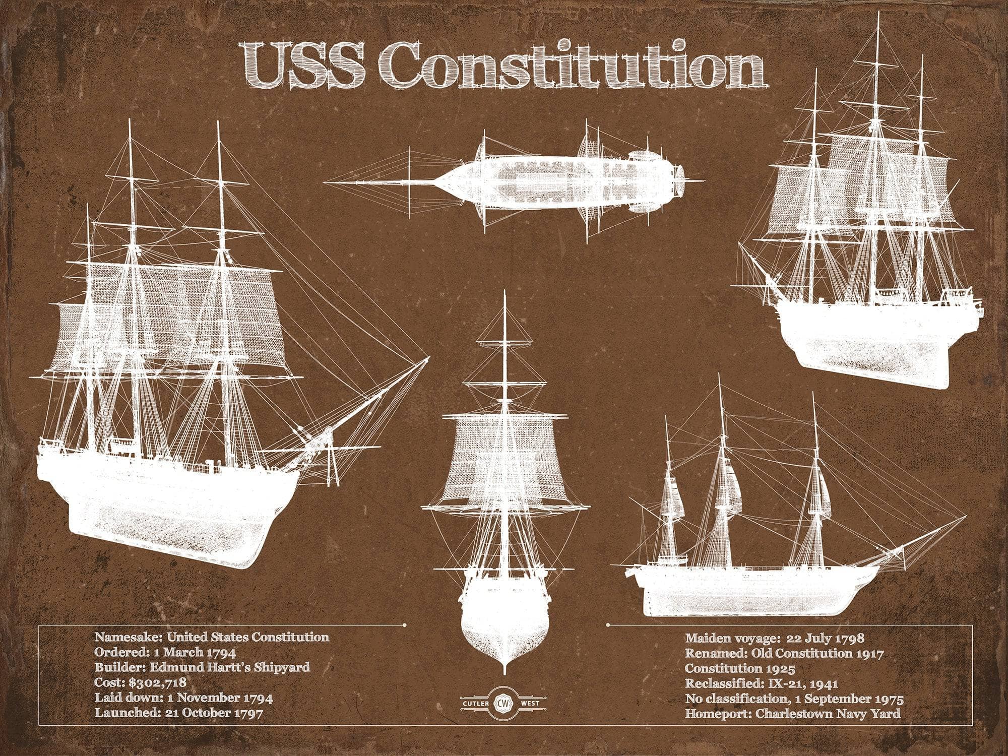 Cutler West Naval Military 14" x 11" / Unframed USS Constitution Blueprint Original Military Wall Art 933350109_28410