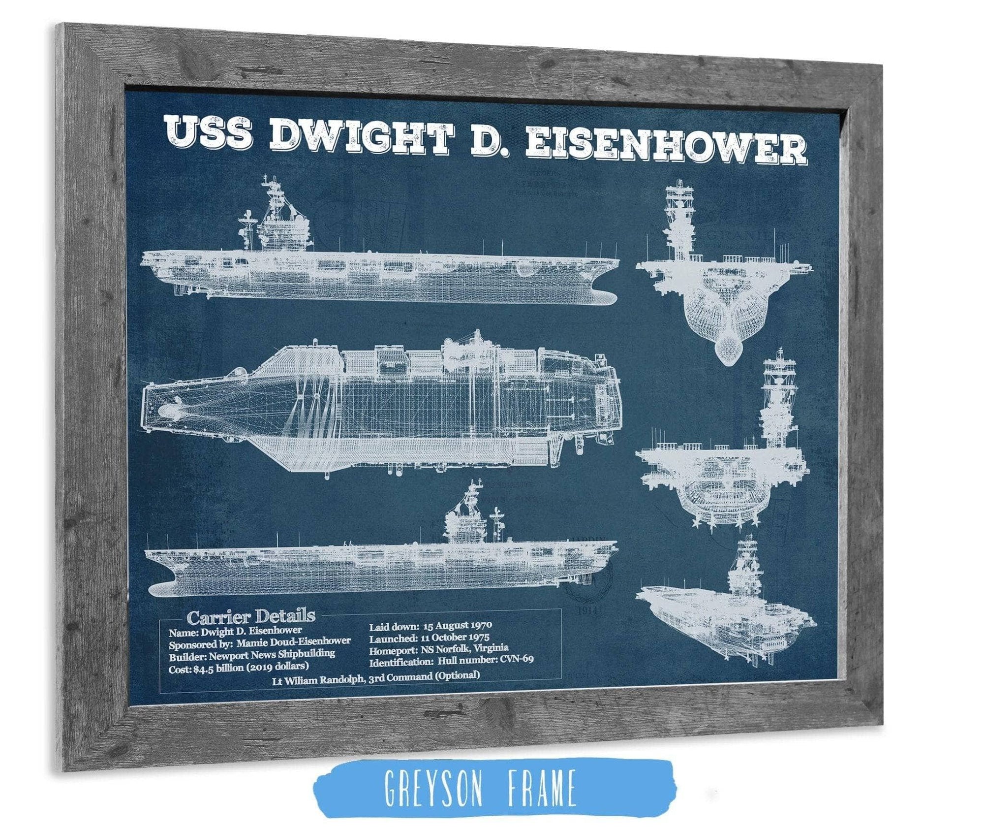 Cutler West Naval Military 14" x 11" / Greyson Frame USS Dwight Eisenhower CVN69 Aircraft Carrier Blueprint Original Military Wall Art - Customizable 835000060-TOP