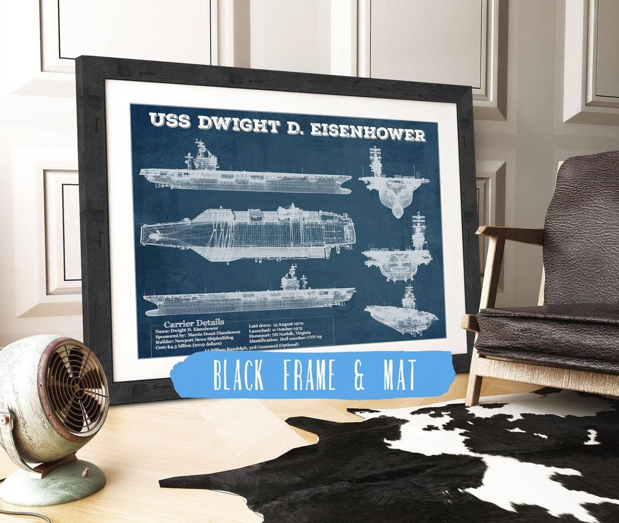 Cutler West Naval Military 14" x 11" / Black Frame & Mat USS Dwight Eisenhower CVN69 Aircraft Carrier Blueprint Original Military Wall Art - Customizable 835000060-TOP