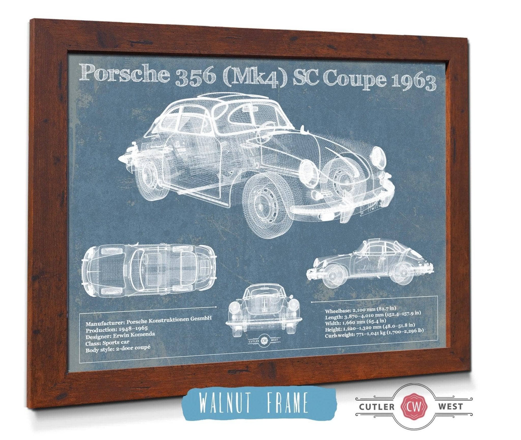 Cutler West Porsche Collection Porsche 356 (Mk4) SC Coupe 1963 Vintage Blueprint Auto Print