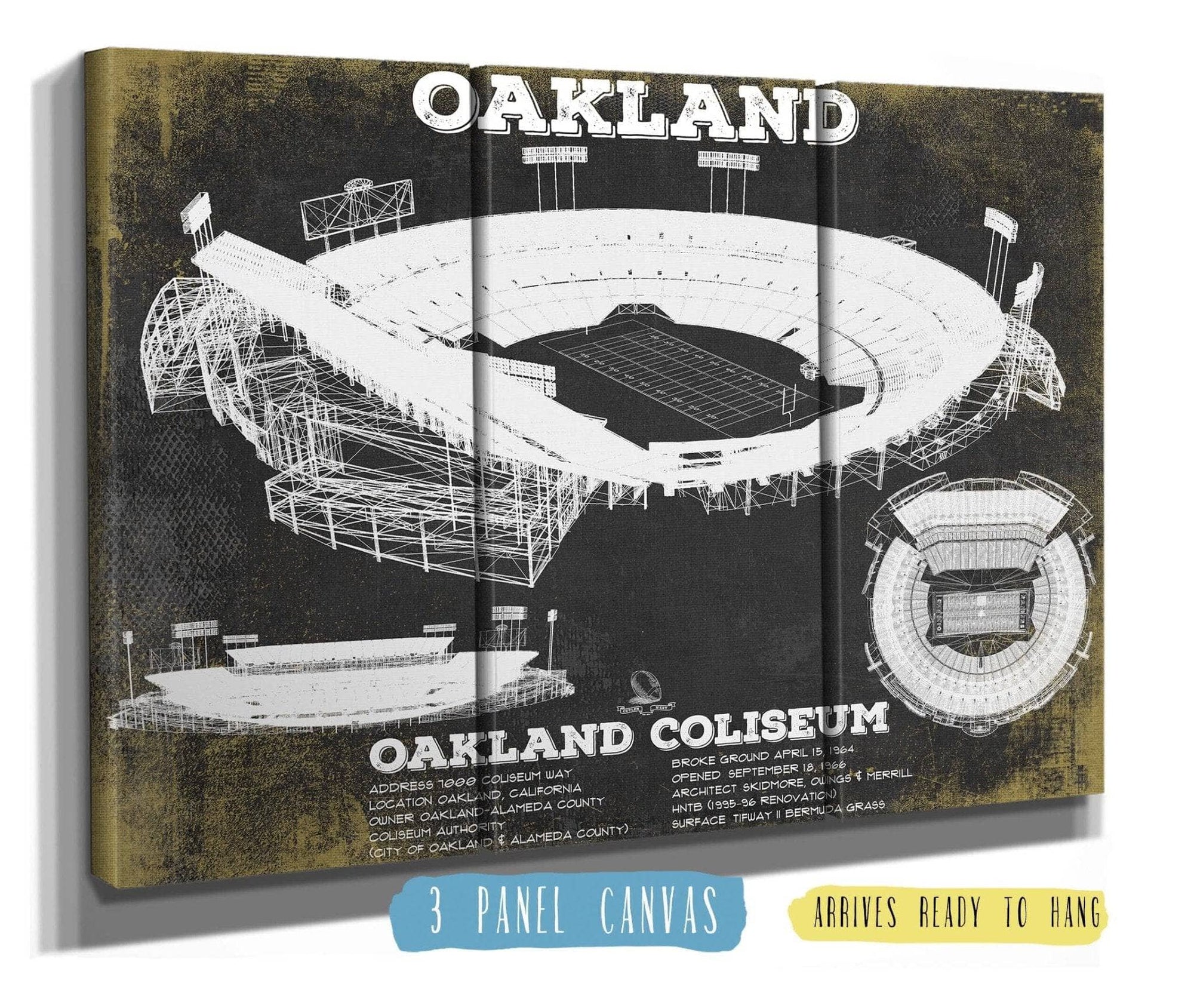 Cutler West Pro Football Collection 48" x 32" / 3 Panel Canvas Wrap Oakland Raiders Team Color Alameda County Coliseum Seating Chart - Vintage Football Print 920787395-TOP_70411