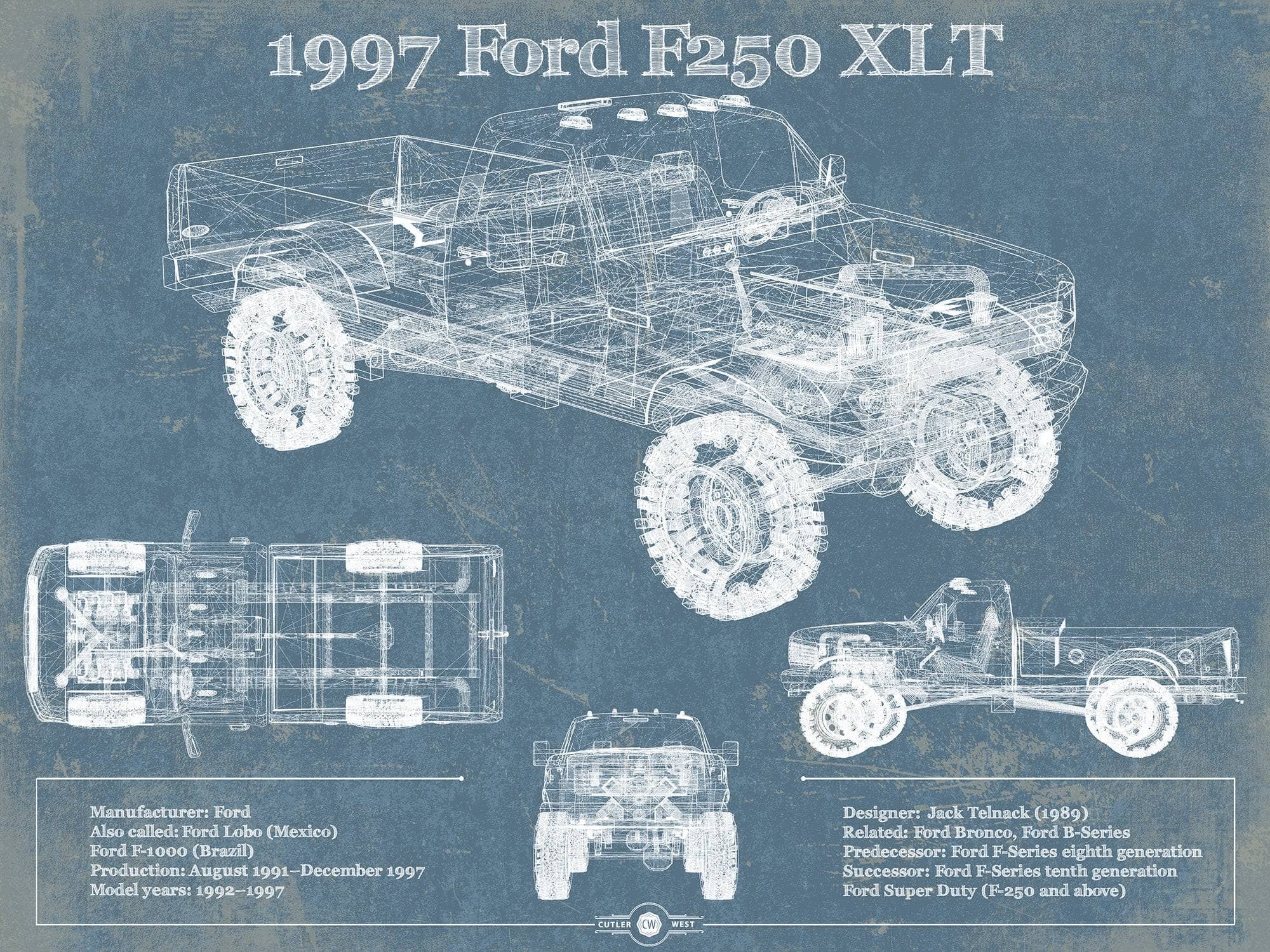 Cutler West Ford Collection 14" x 11" / Unframed 1997 Ford F250 XLT Vintage Blueprint Auto Print 933311047_39431