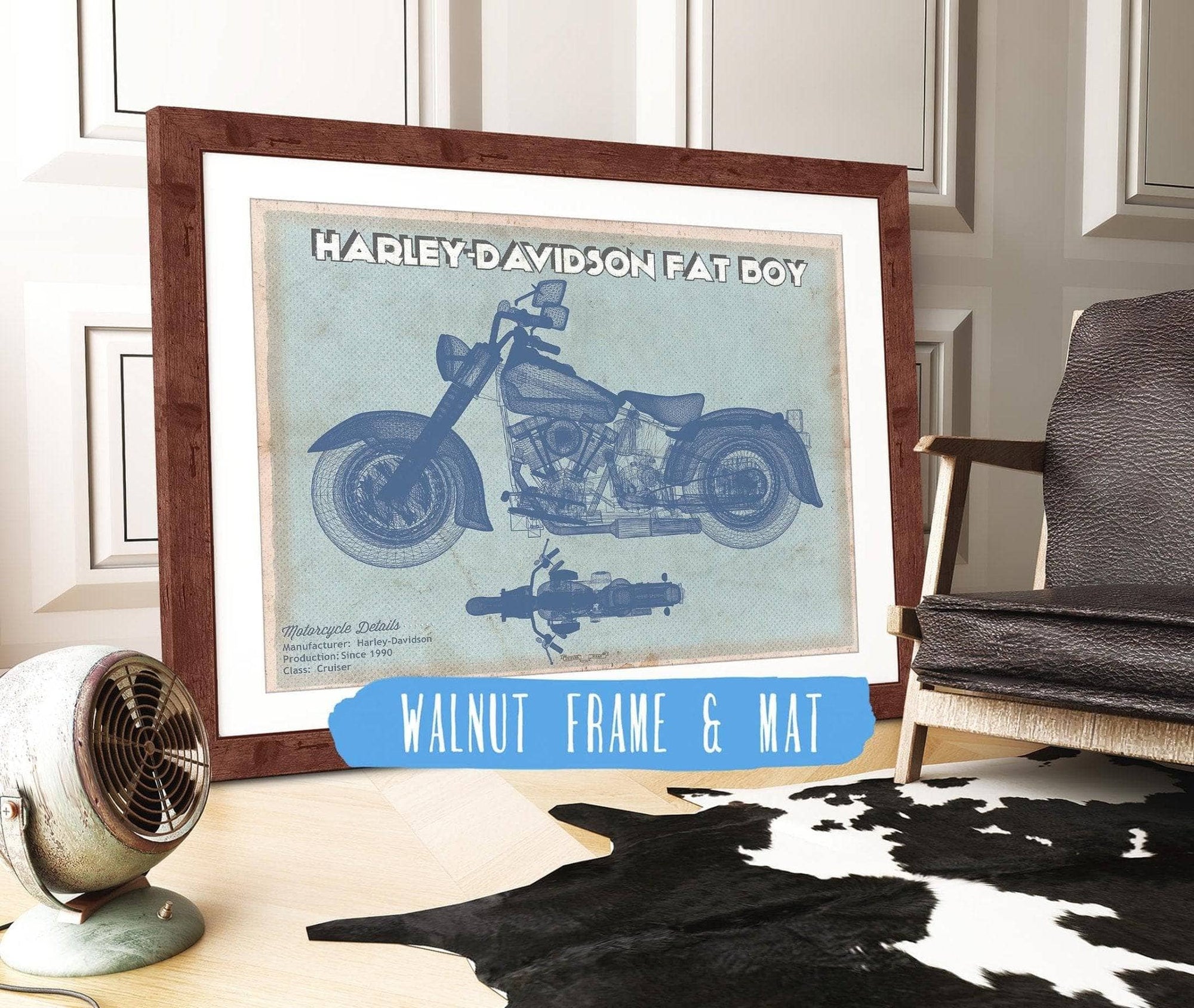 Cutler West 14" x 11" / Walnut Frame & Mat Harley-Davidson Fat Boy Blueprint Motorcycle Patent Print 835000029_64052