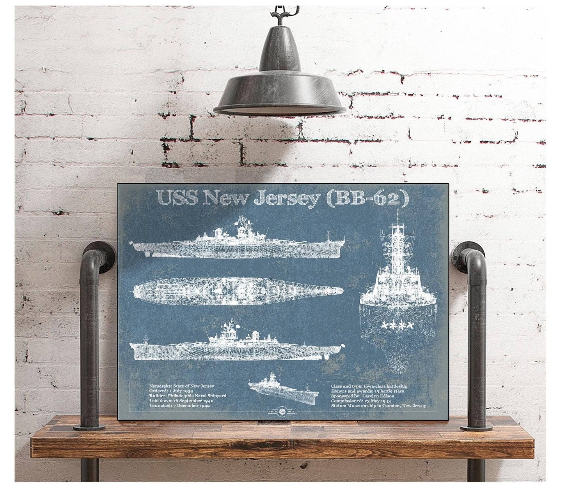 Cutler West Naval Military USS New Jersey (BB-62) Battleship Blueprint Original Military Wall Art - Customizable