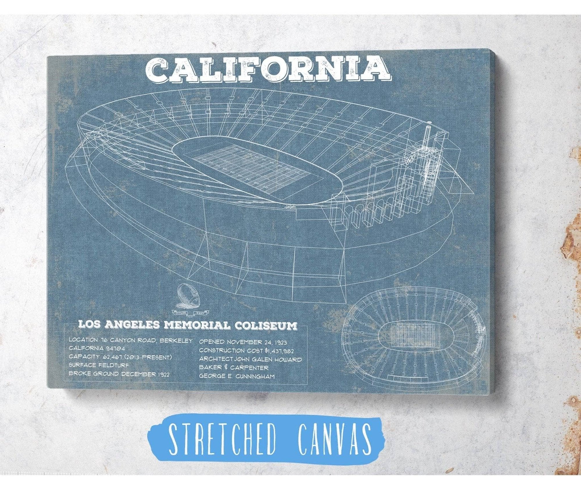 Cutler West College Football Collection California Memorial Stadium Art - University of California Bears Vintage Stadium & Blueprint Art Print