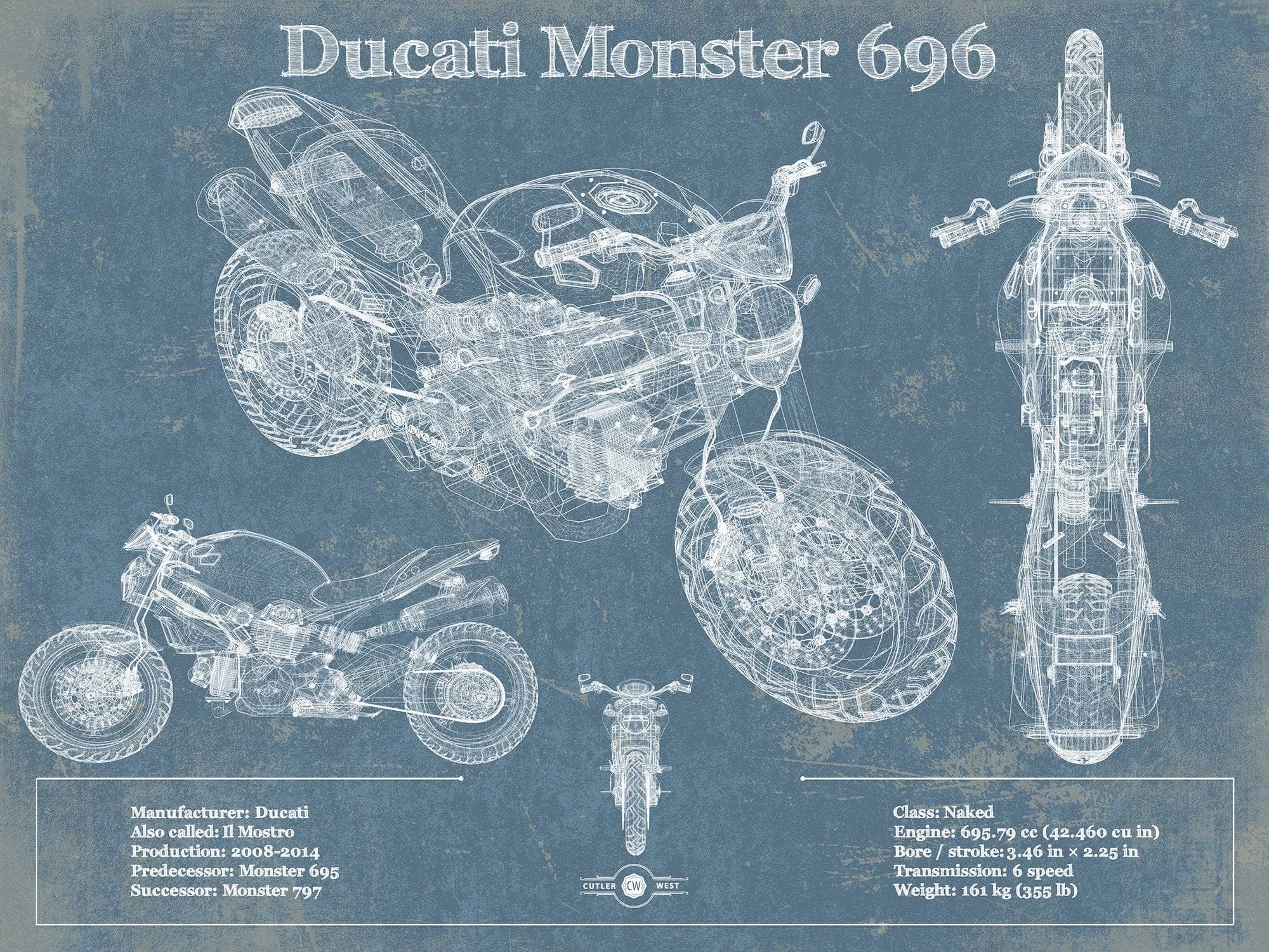 Cutler West 14" x 11" / Unframed Ducati Monster 696 Blueprint Motorcycle Patent Print 933311010_61475