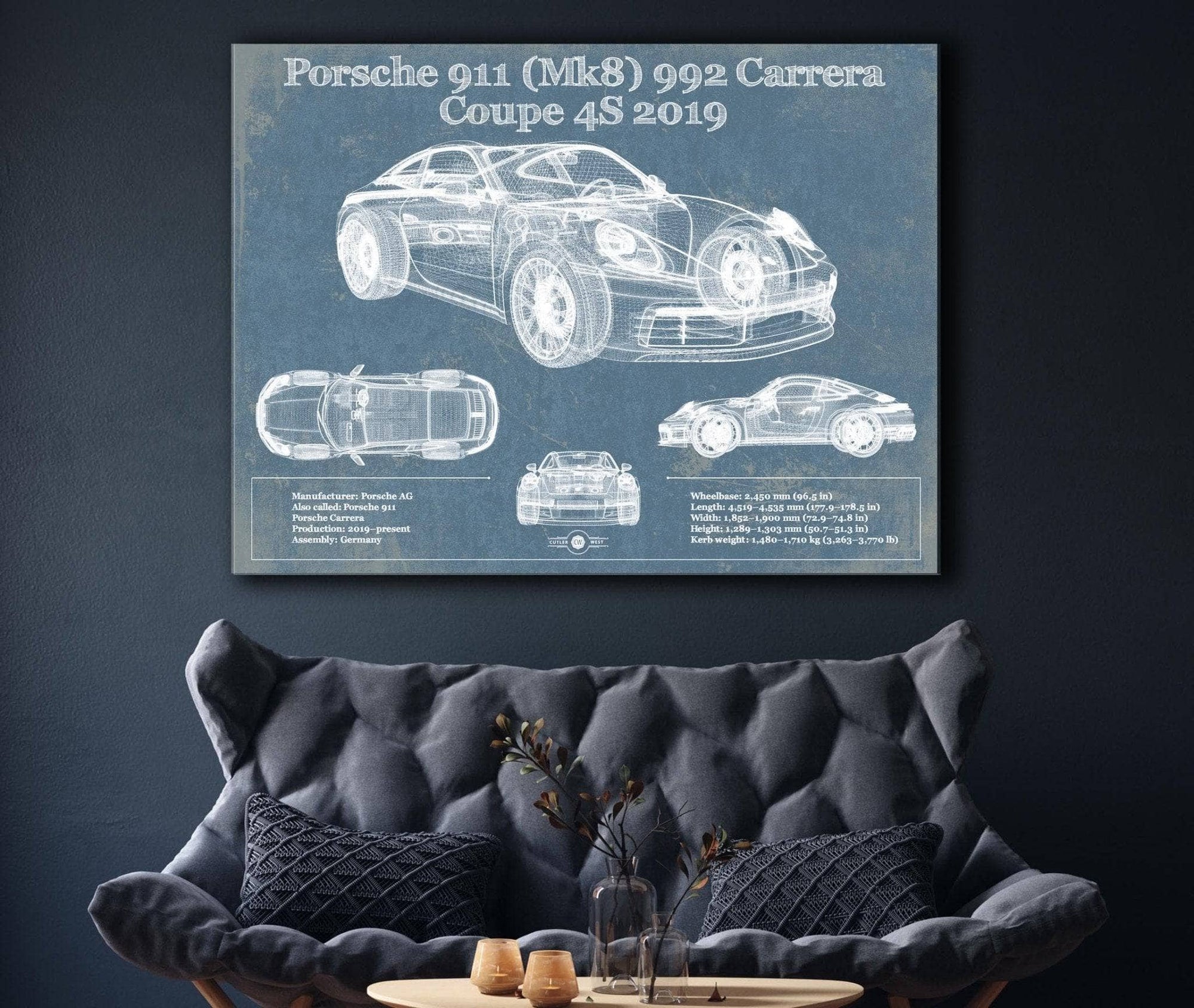 Cutler West Porsche Collection Porsche 911 Mk8 992 Carrera Coupe 4s 2019 Vintage Blueprint Auto Print