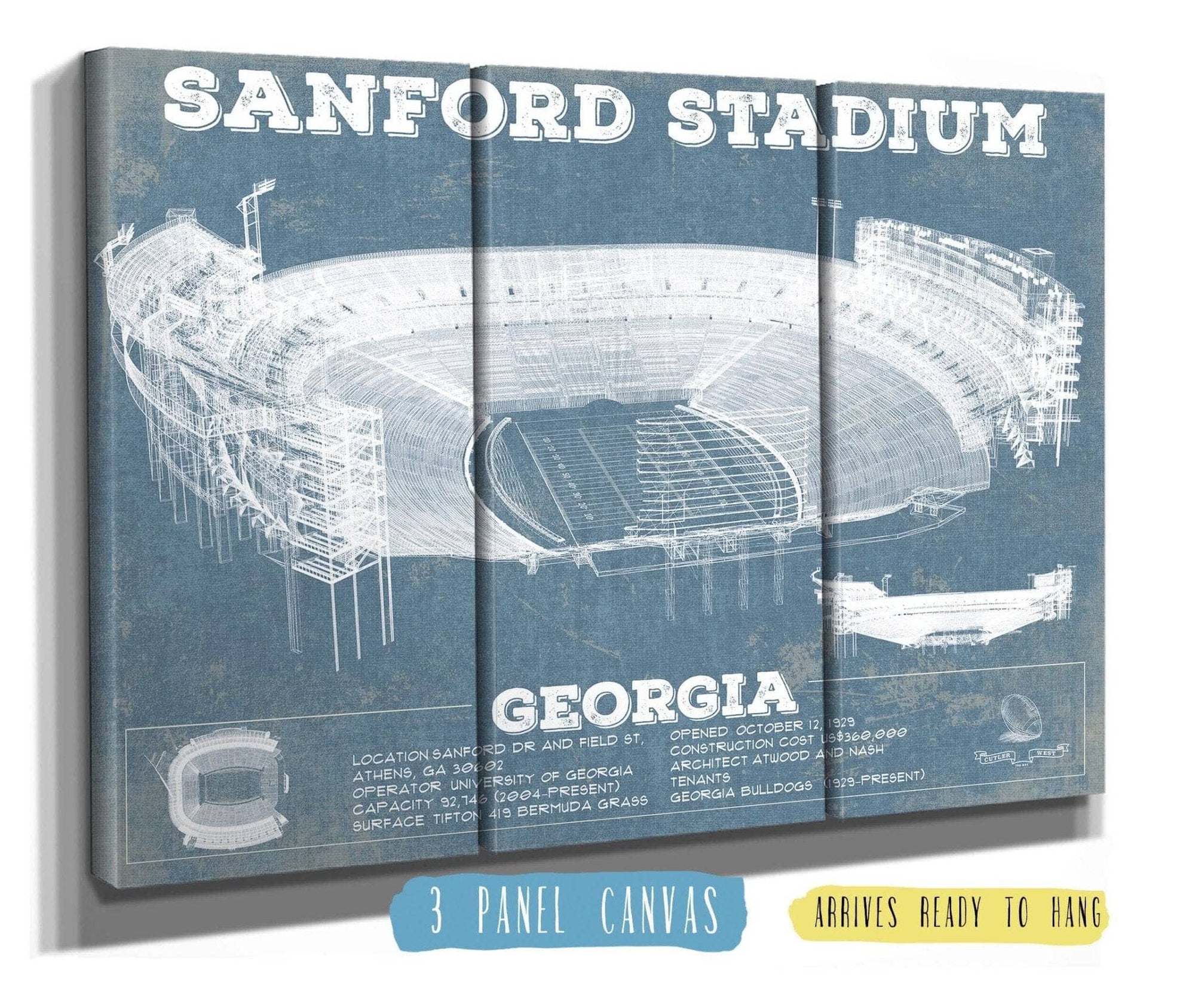 Cutler West College Football Collection 48" x 32" / 3 Panel Canvas Wrap Georgia Bulldogs Team Color - Sanford Stadium Vintage Football Blueprint Art Print 933311052_25836